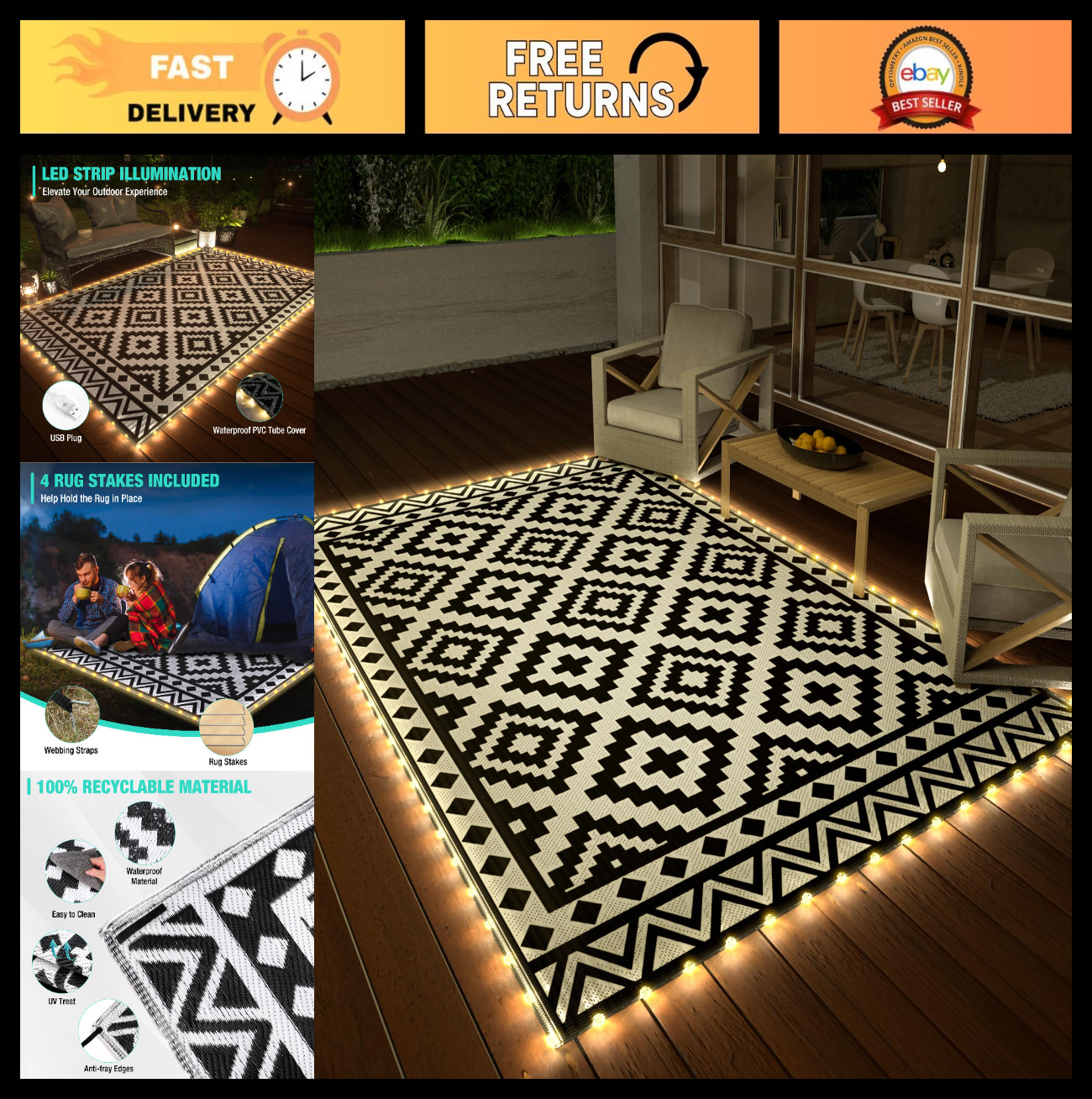 5′ x 8′ Outdoor Rug with LED Strip Light, Waterproof Patio Mat, Easy-Clean, Reve