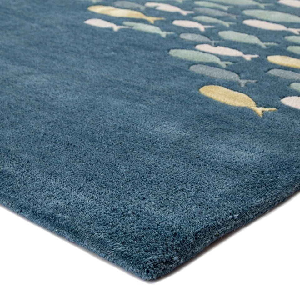 Modern Coastal Fish Celestial Blue Hand-Tufted 100% Wool Soft Area Rug Carpet