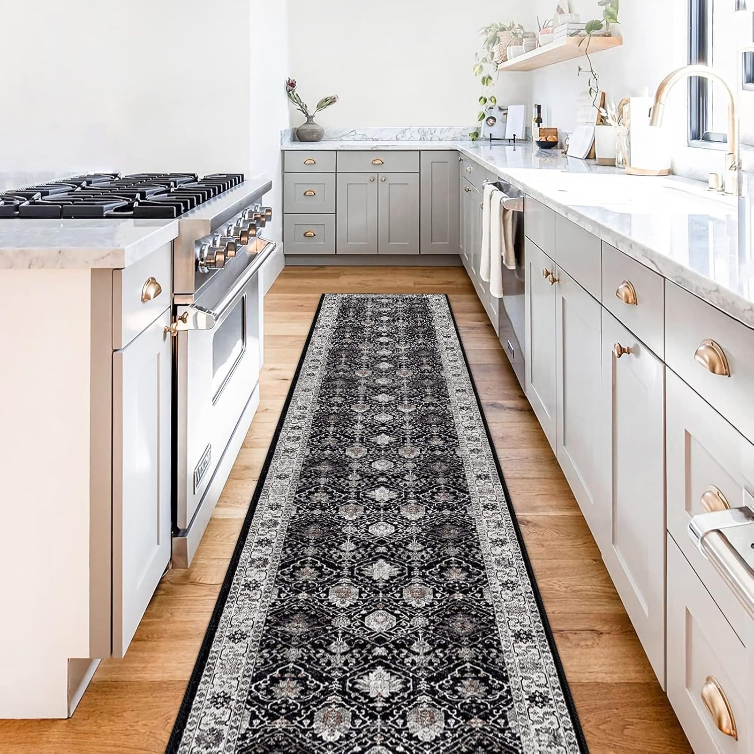 Black Vintage Non-Slip Runner Rug 2×10 – Soft Washable Farmhouse Accent