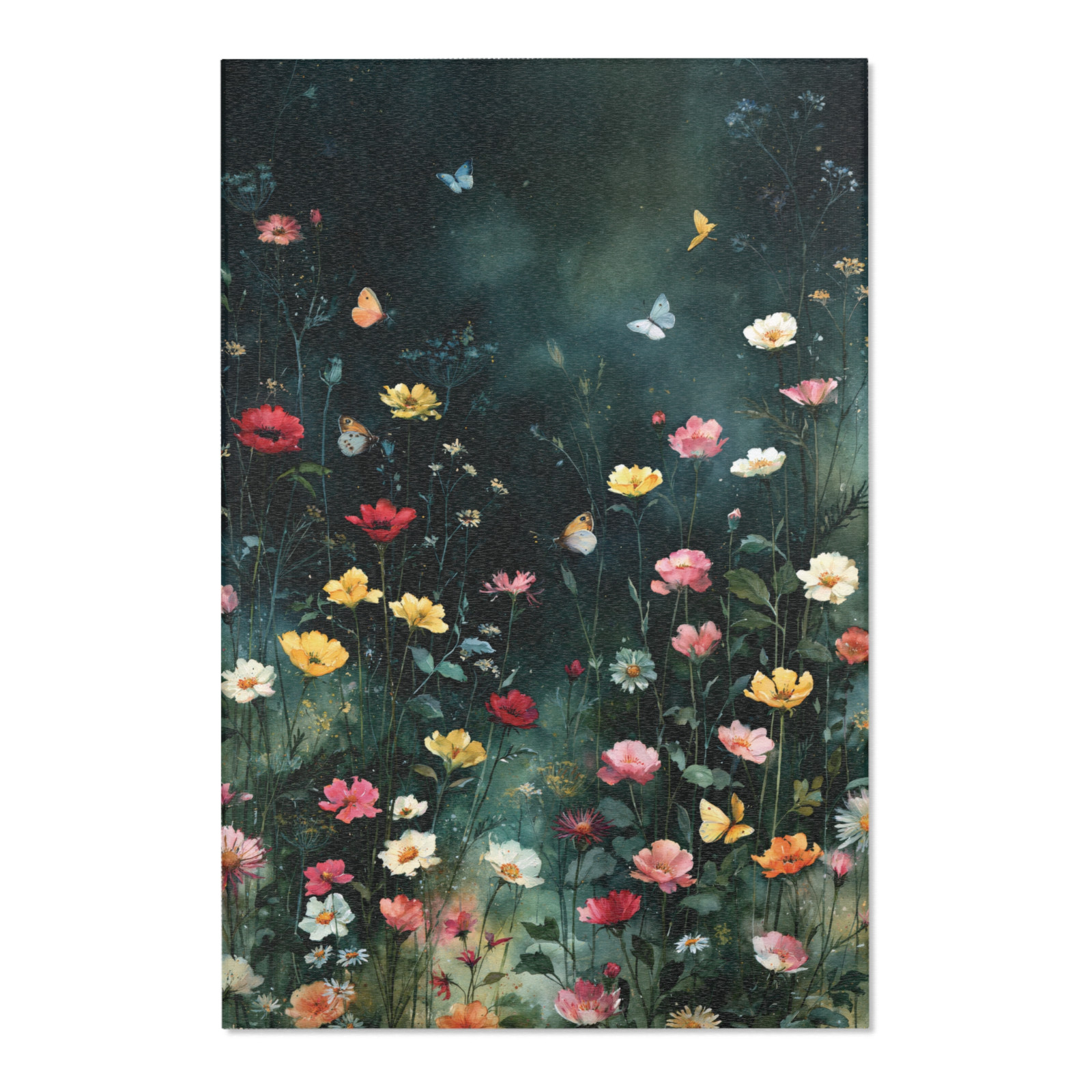 Wildflower Butterfly Area Rug, Dark Floral Botanical Floor Rug, Cottagecore