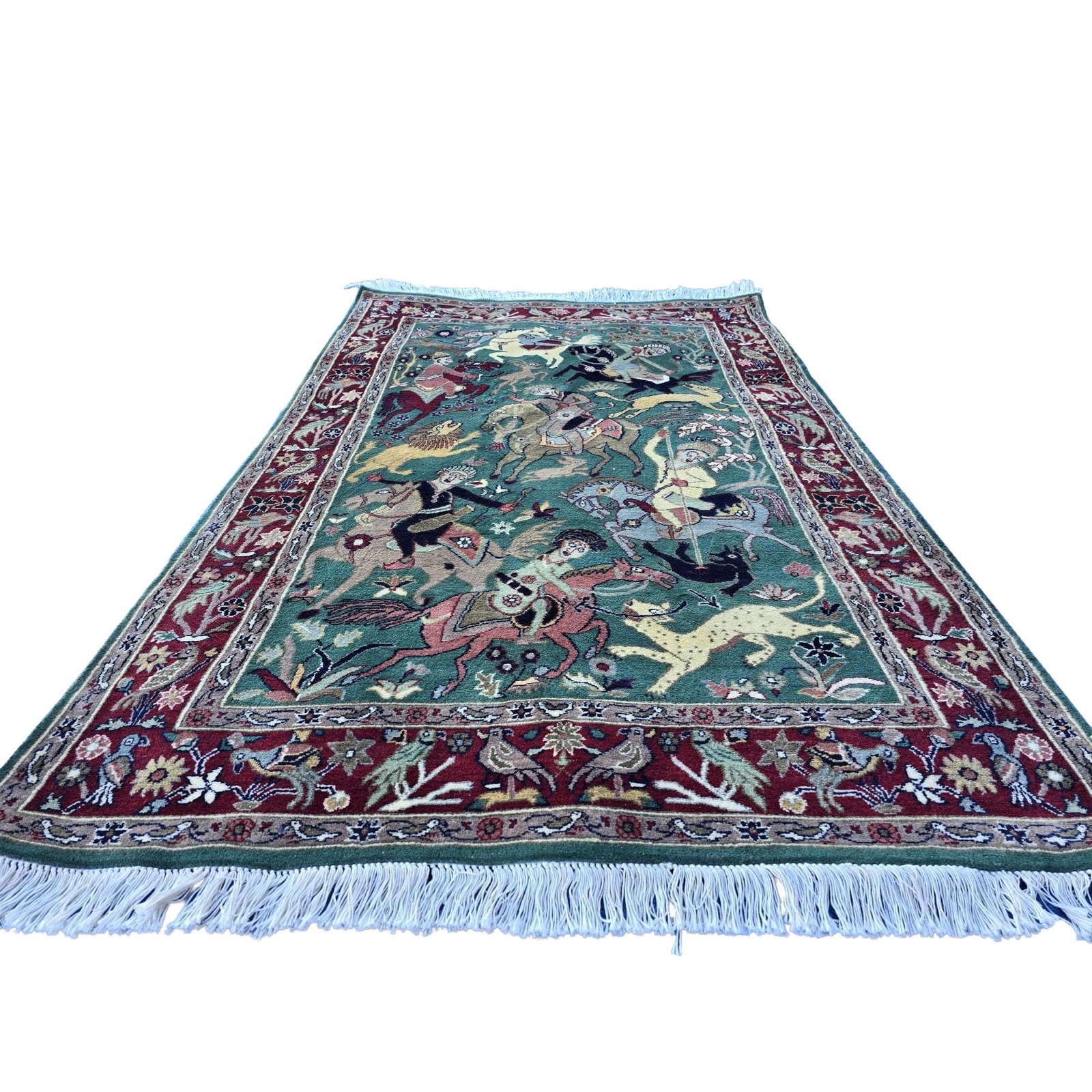 Area Rug Shikar Gah Deer Hunting Hand Double Knotted Wool Silk Carpet (6.3 x 4)’