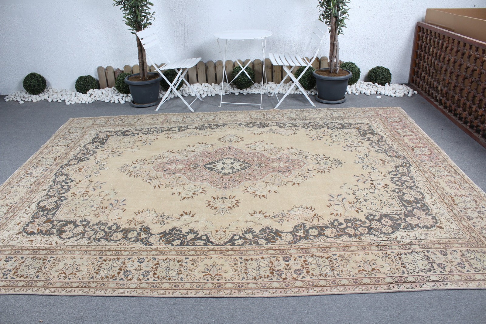 Vintage Rug, 8,1×11,2 ft Turkish Rug, Brown Blue Oriental Wool Rug