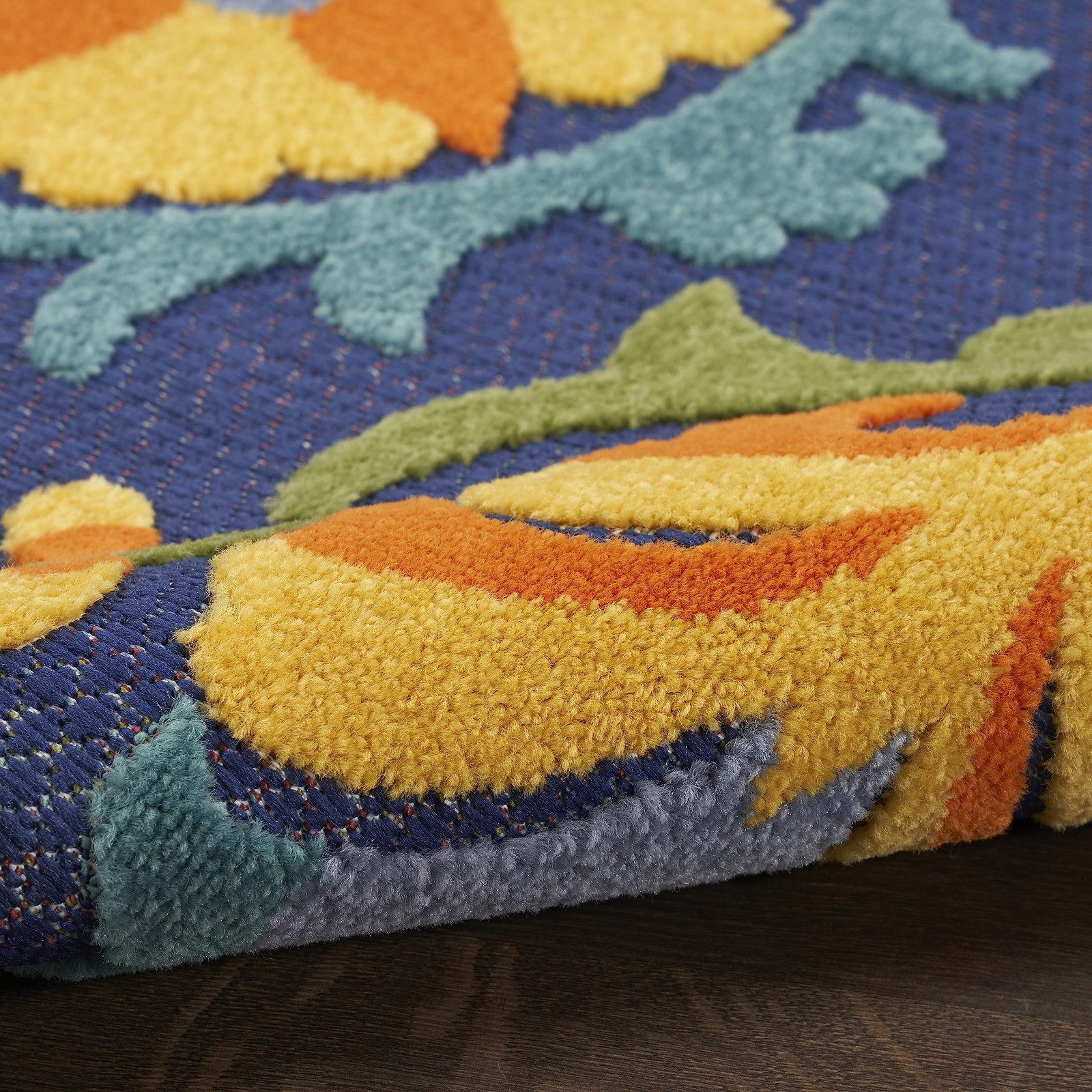 Navy Multicolor Floral Outdoor Rug 28X4 Soft Durable Easy Clean High Low Pile