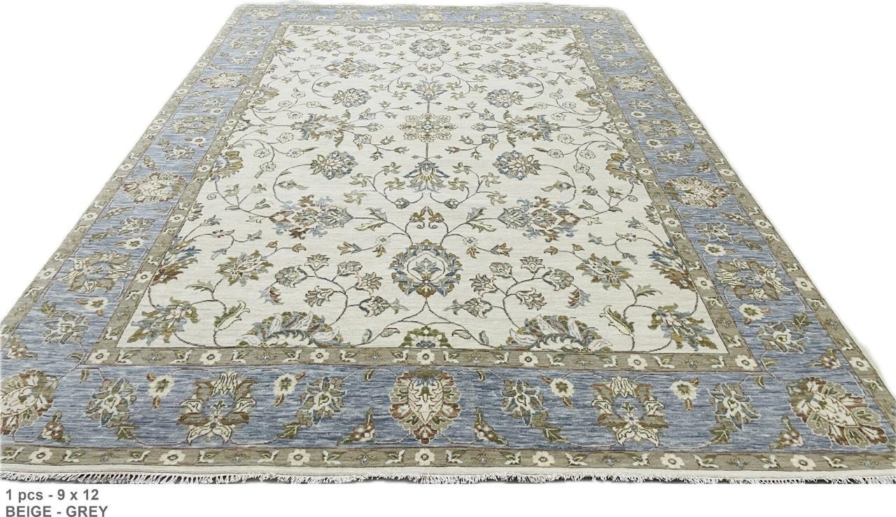 Afghan Chobi Handmade Wool Area Rug 9 x 12, Beige & Light Blue Oriental Design