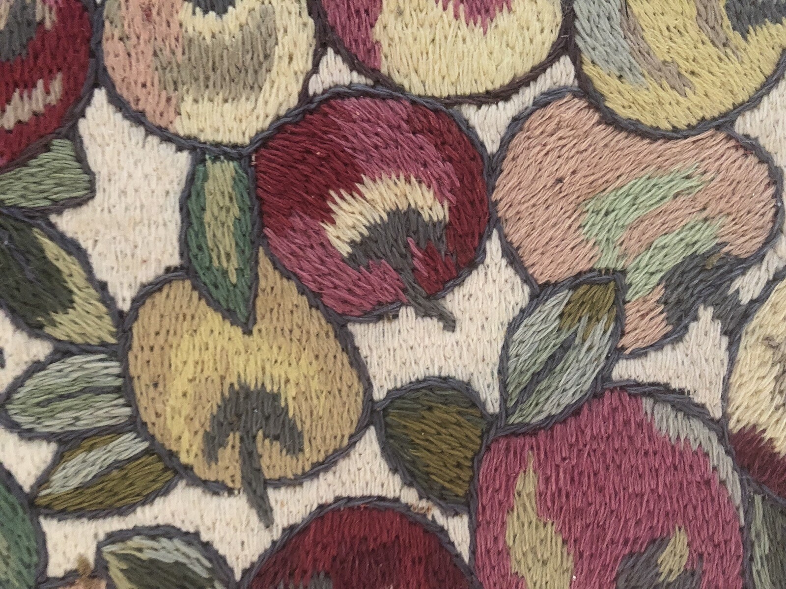 Vintage Hand Made Embroidered Needlework Rug with Fruits Field and Green Border