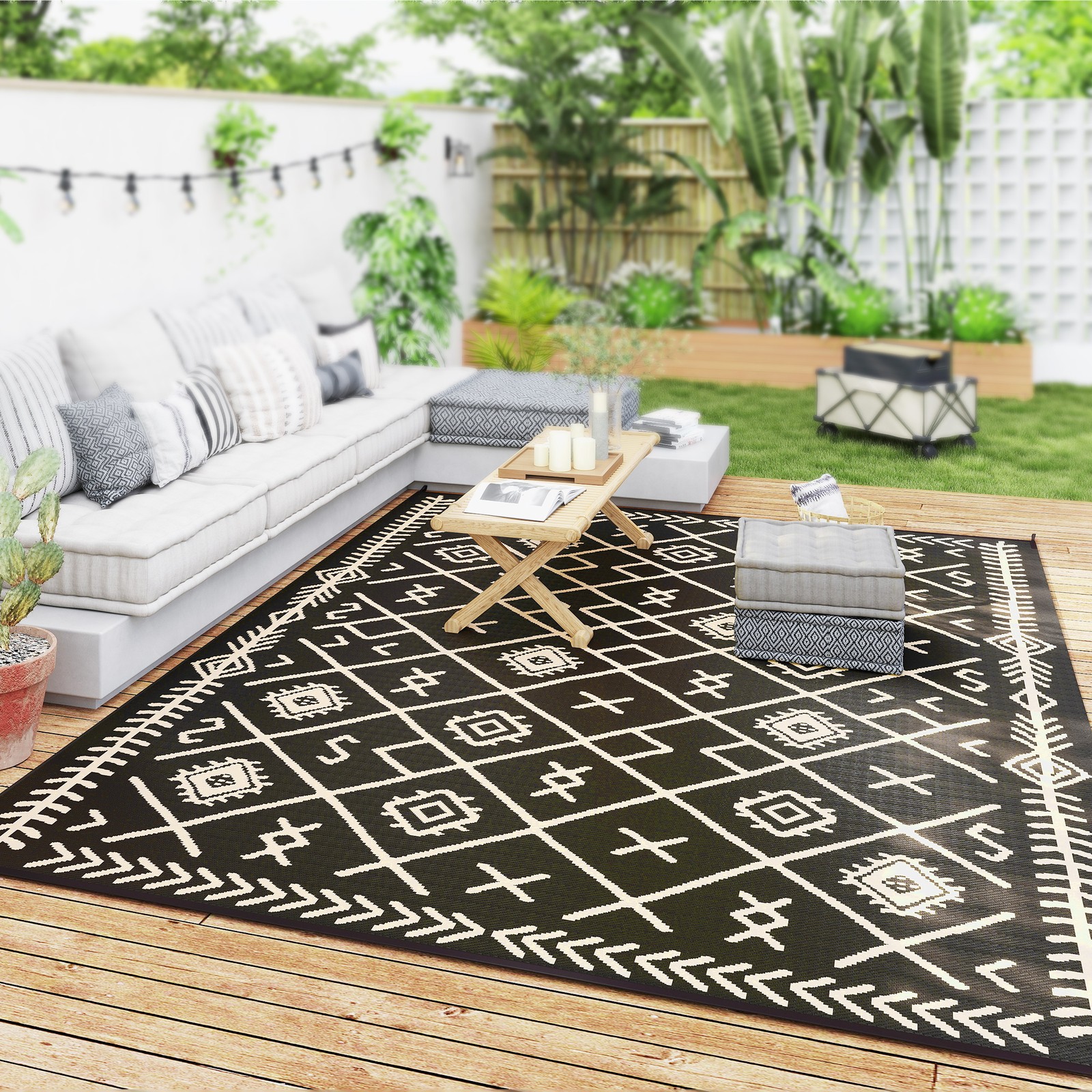 Black Beige Rhombus Outsunny Outdoor Rug, 9′ x 12′ Floor Mat