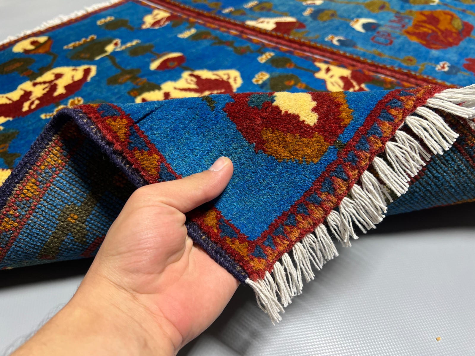 2×2 Set of 2 Afghan Blue Poppy Rugs Handmade Wool Opium Floral Tribal Accent