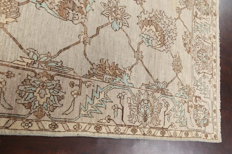 Hand Knotted Oushak Area Rug Vintage Floral Wool Carpet Cream & Tan 9×12 Rug
