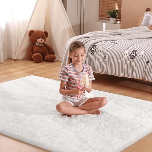4×6 Fluffy Small Area Rugs for Bedroom Living Room, Cream White | Soft Shag Non-