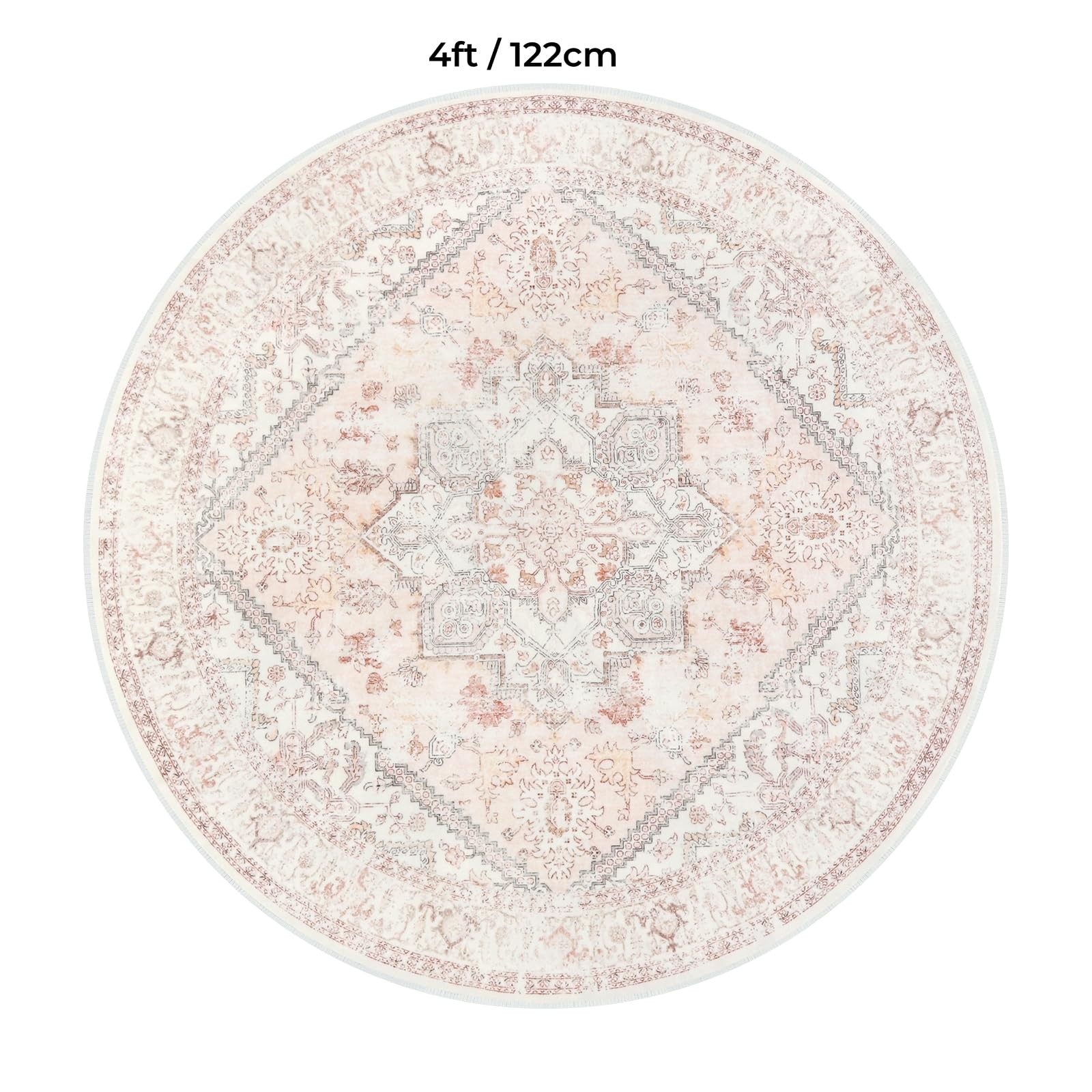 LIVEBOX Pink Vintage Round Rug 4ft Washable Floral Rug