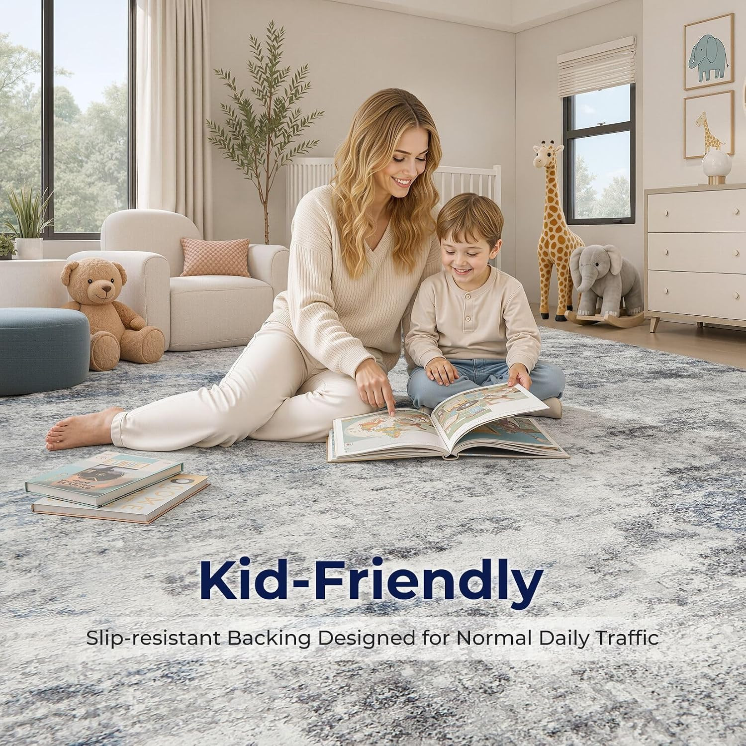 9X12 Area Rug for Living Room, Washable & Non Slip Large Indoor Carpet, Kid & Pe