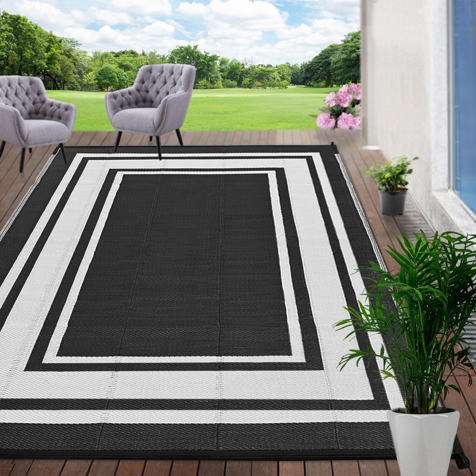 RURALITY Plastic Straw Outdoor Mats 5 ft by 8 ft for Patios Waterproof Rugs f…