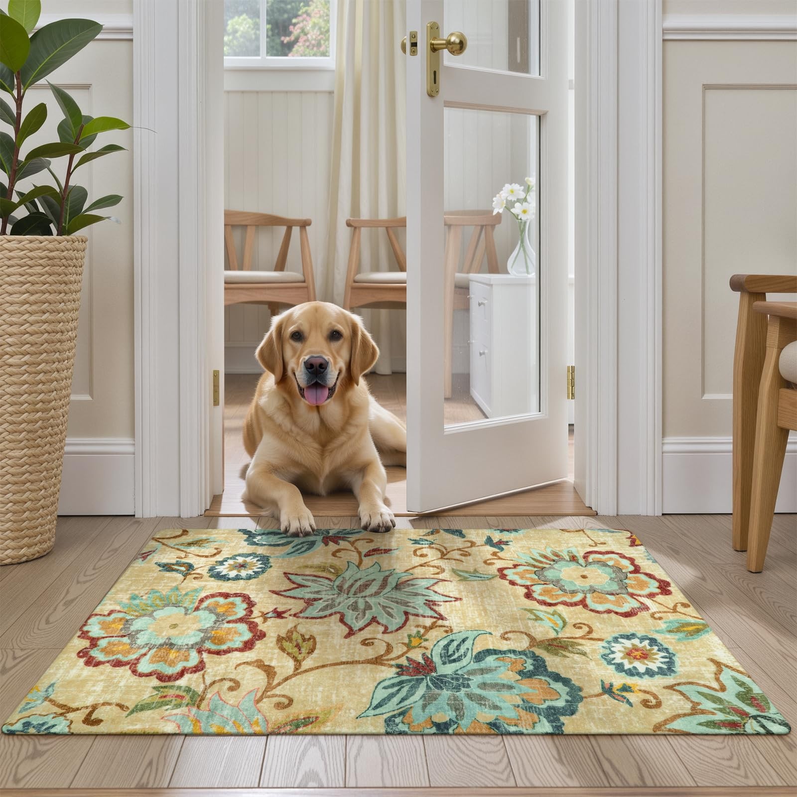 Floral Entryway Rug 2×3 Small Throw Bedroom Beige Paisley Non-Slip Washable
