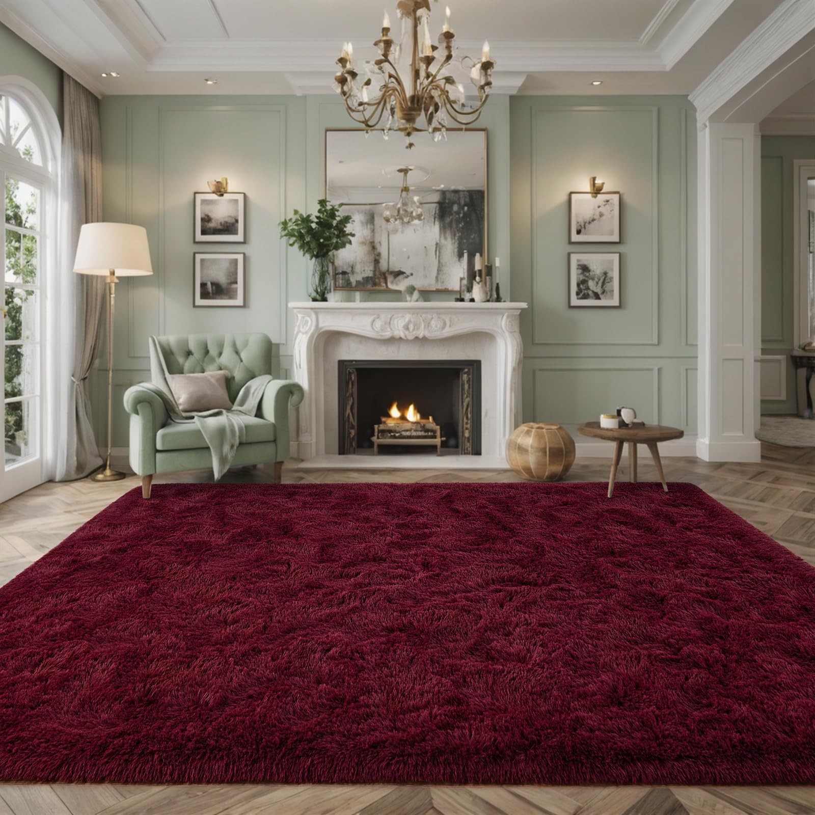 Extra Large Burgundy Fluffy Area Rug 8×10 Feet Ultra Soft Non-Slip Carpet