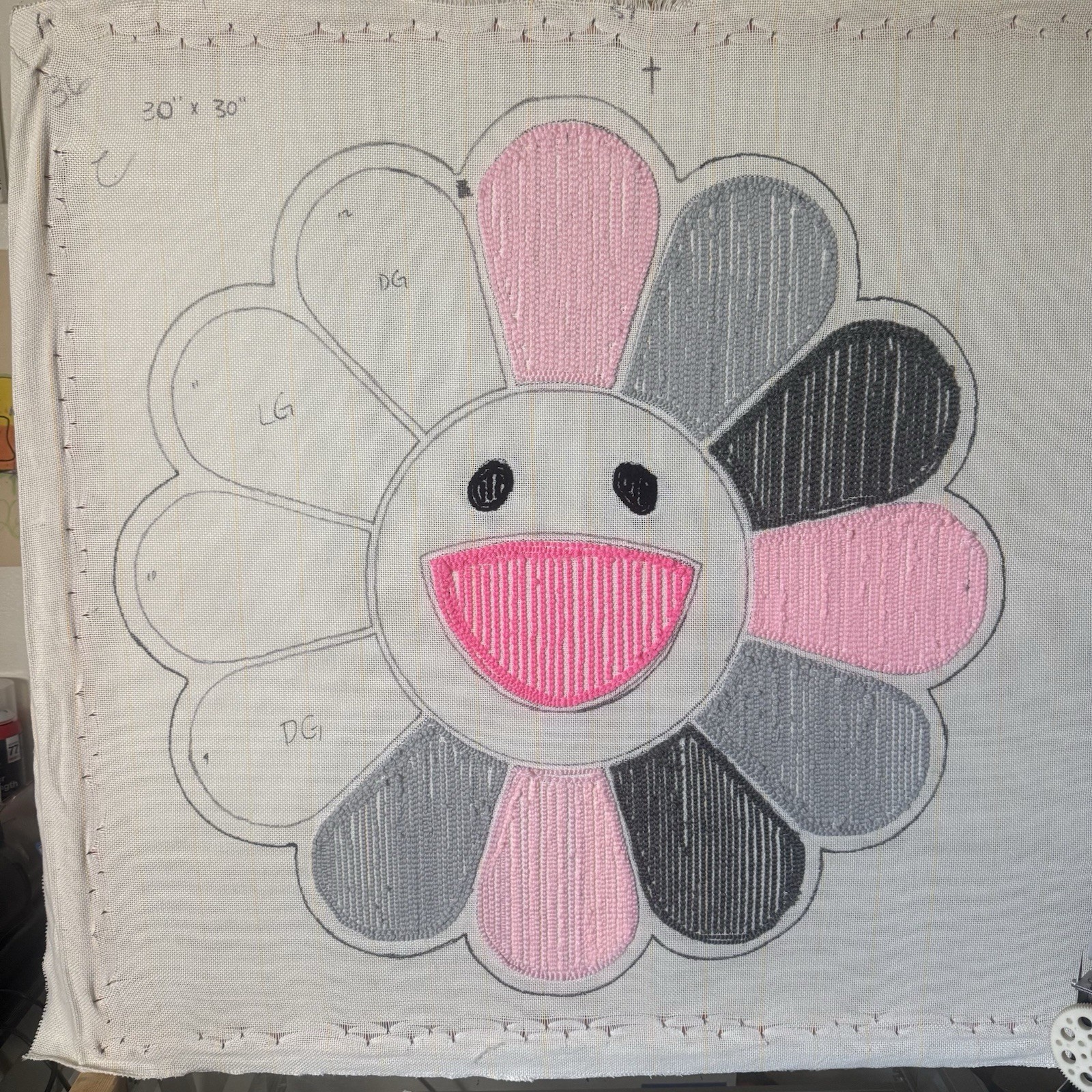 Murakami Flower Hand Tufted Rug – 30” x 30” – Pinks x Black- Hand Tufted Rug