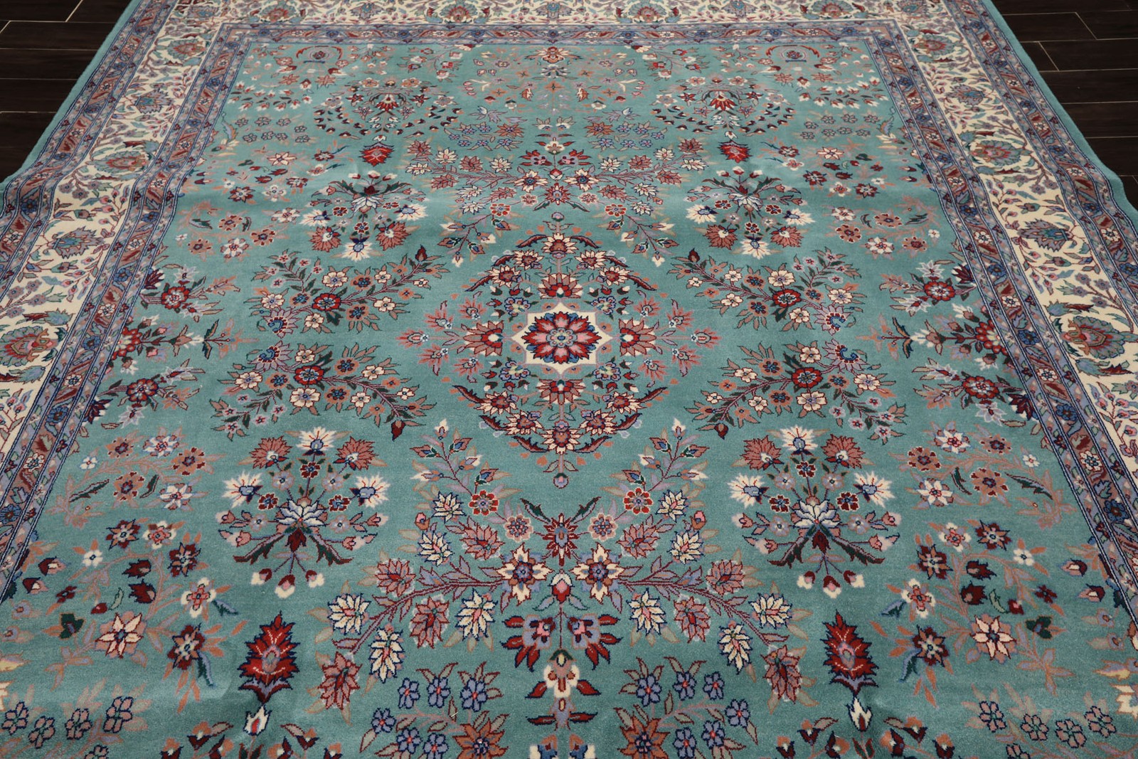 8’1”x10’4” Hand Knotted New Zealand Wool Turquoise Indo Saroukk 200 KPSI Rug