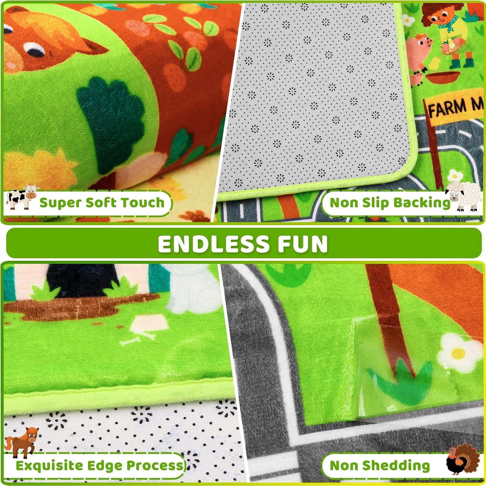 Kids Play Rug for Toy Cars Farm Life Theme Non Slip Washable 5×6.7 Feet Car Road