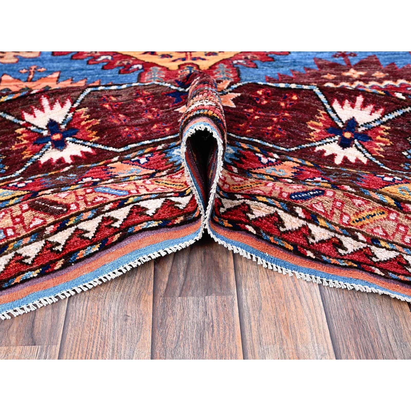 10’1″x13’4″ Blue Afghan Caucasian Design Revival Hand Knotted Soft Wool Rug R563