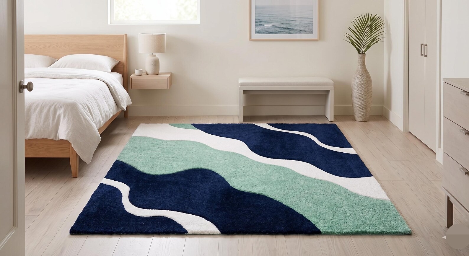 Modern Abstract Wave Rug Blue Mint Green Hand Tufted Wool Living Room Area Carpe
