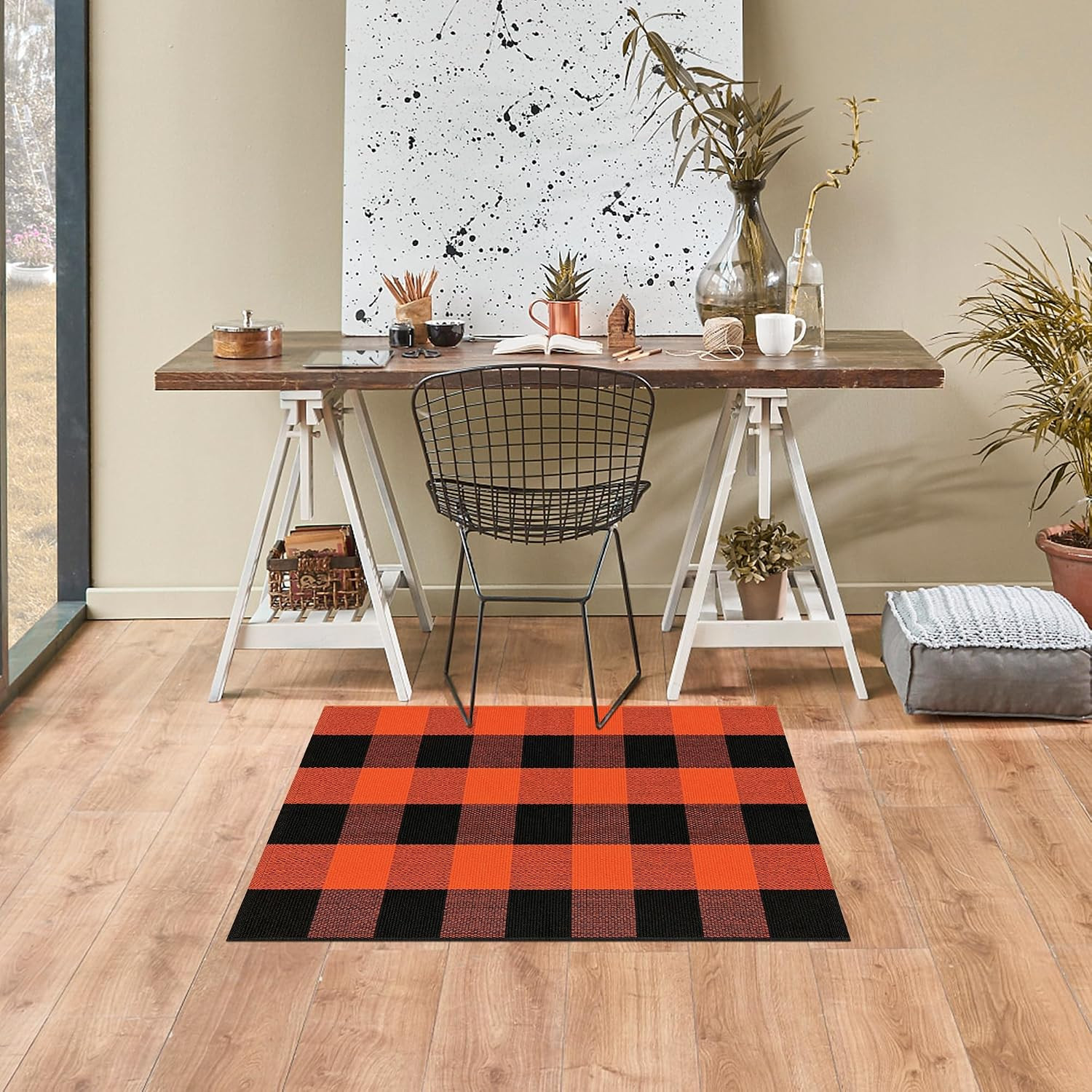 Buffalo Plaid Outdoor Rug Orange and Black 2X3 Cotton Woven Checkered Area Rug W