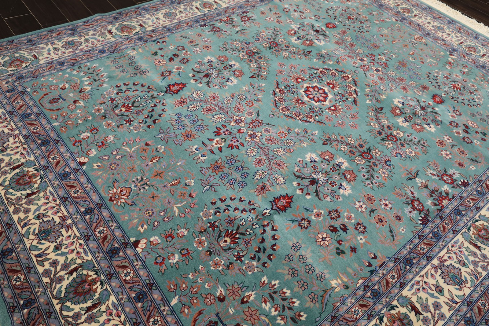 8’1”x10’4” Hand Knotted New Zealand Wool Turquoise Indo Saroukk 200 KPSI Rug