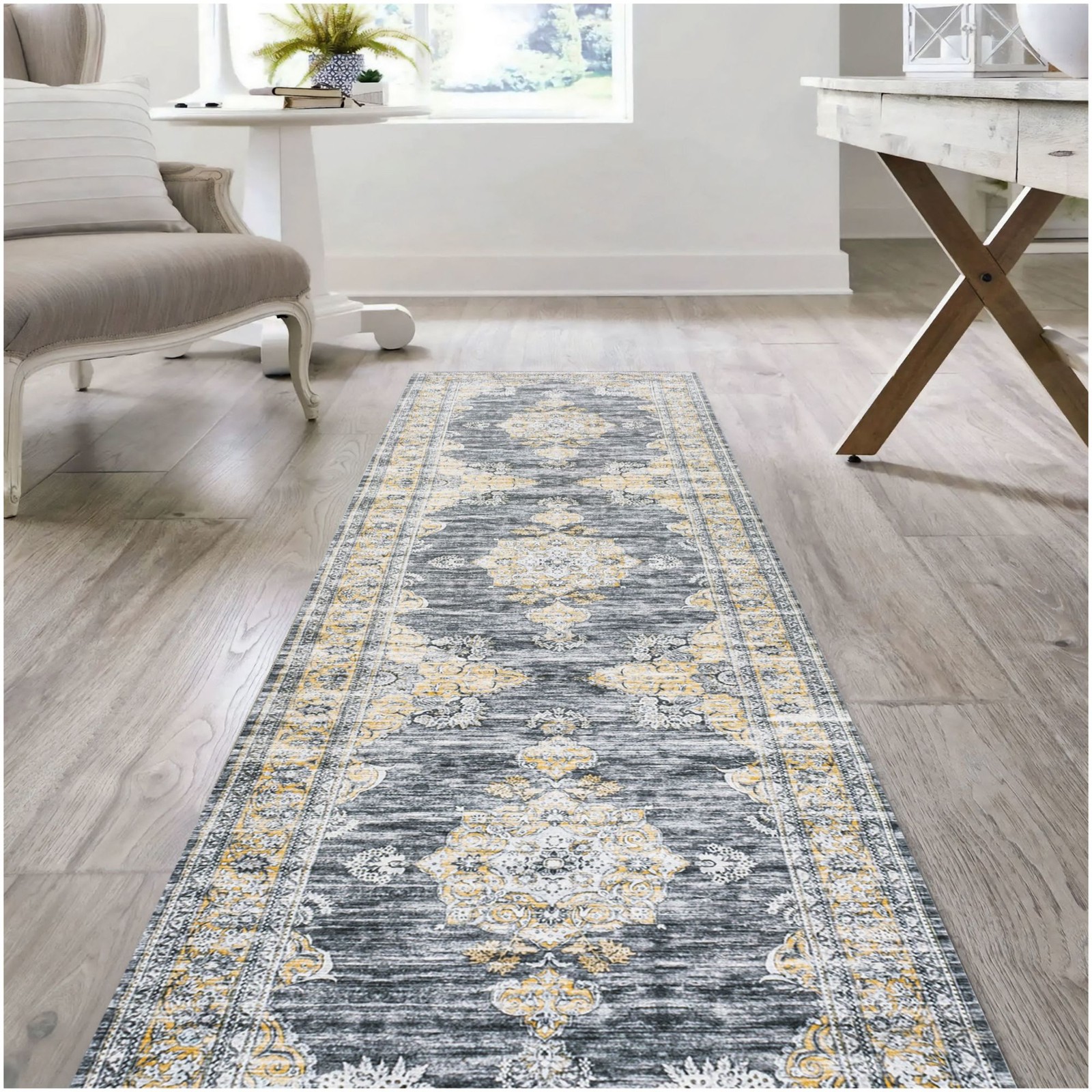 JONATHAN Y Lighting WSH201-28 Washable 2′ x 8′ Chenille – Dark Gray / Blue