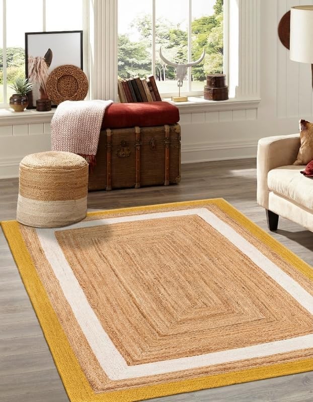 Handmade Natural Jute Rectangle Rug with Mustard Yellow & White Border