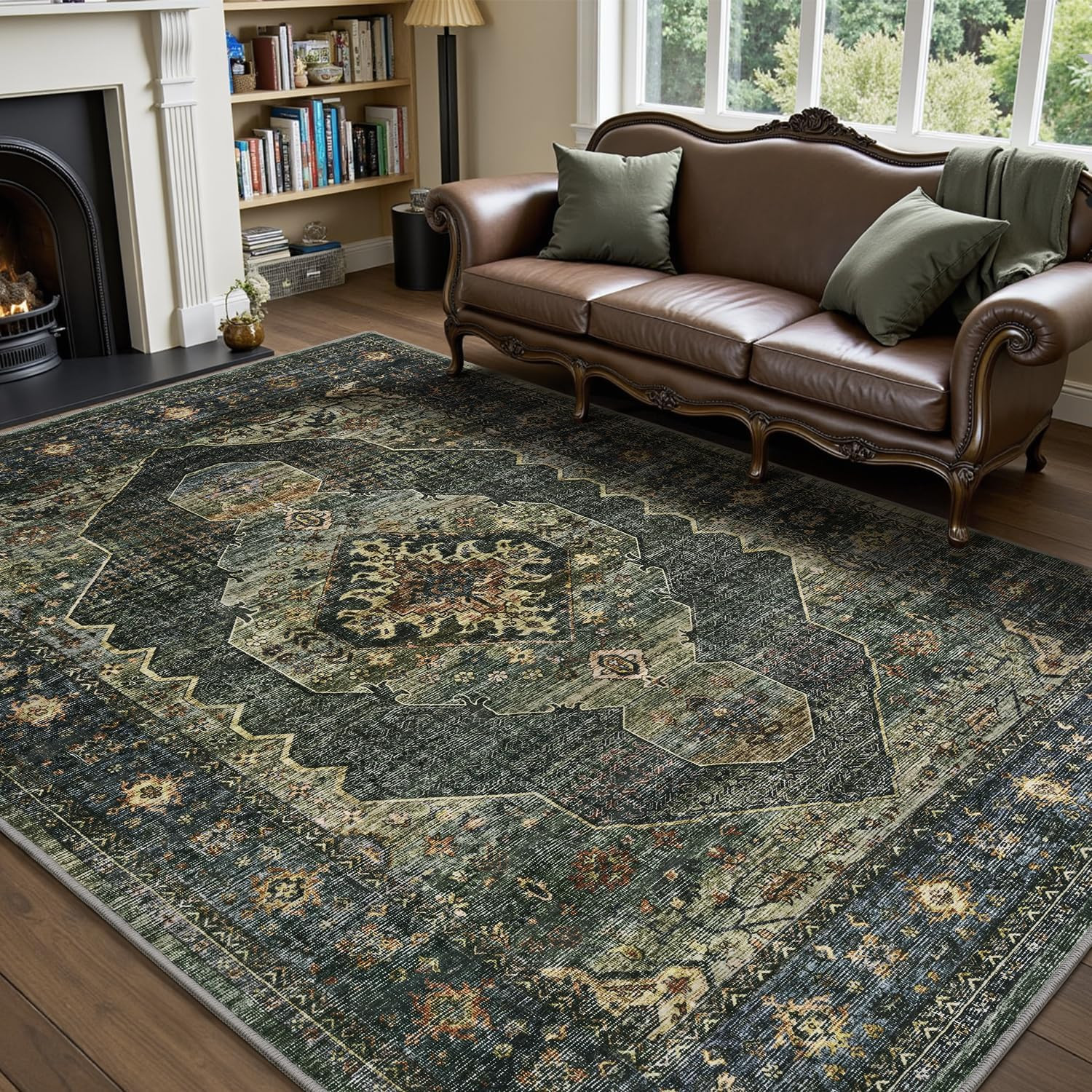 Olive Green Area Rug 6X9 Bedroom Rug Living Room Rugs Washable Soft Vintage Neut
