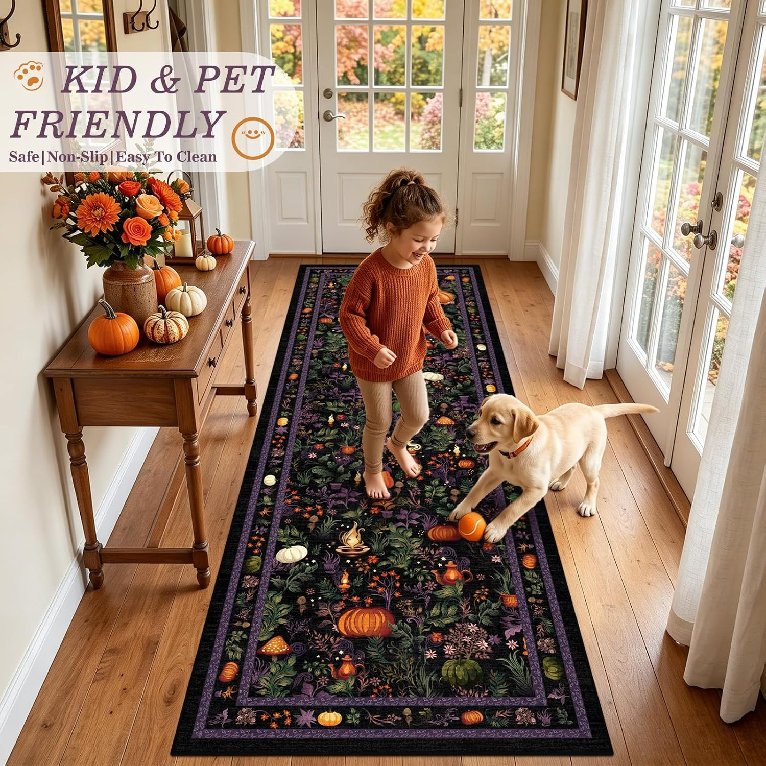 Fantasy Fall Runner Rugs for Hallway 2.6X8Ft Non Slip, Washable Pumpkin Kitchen