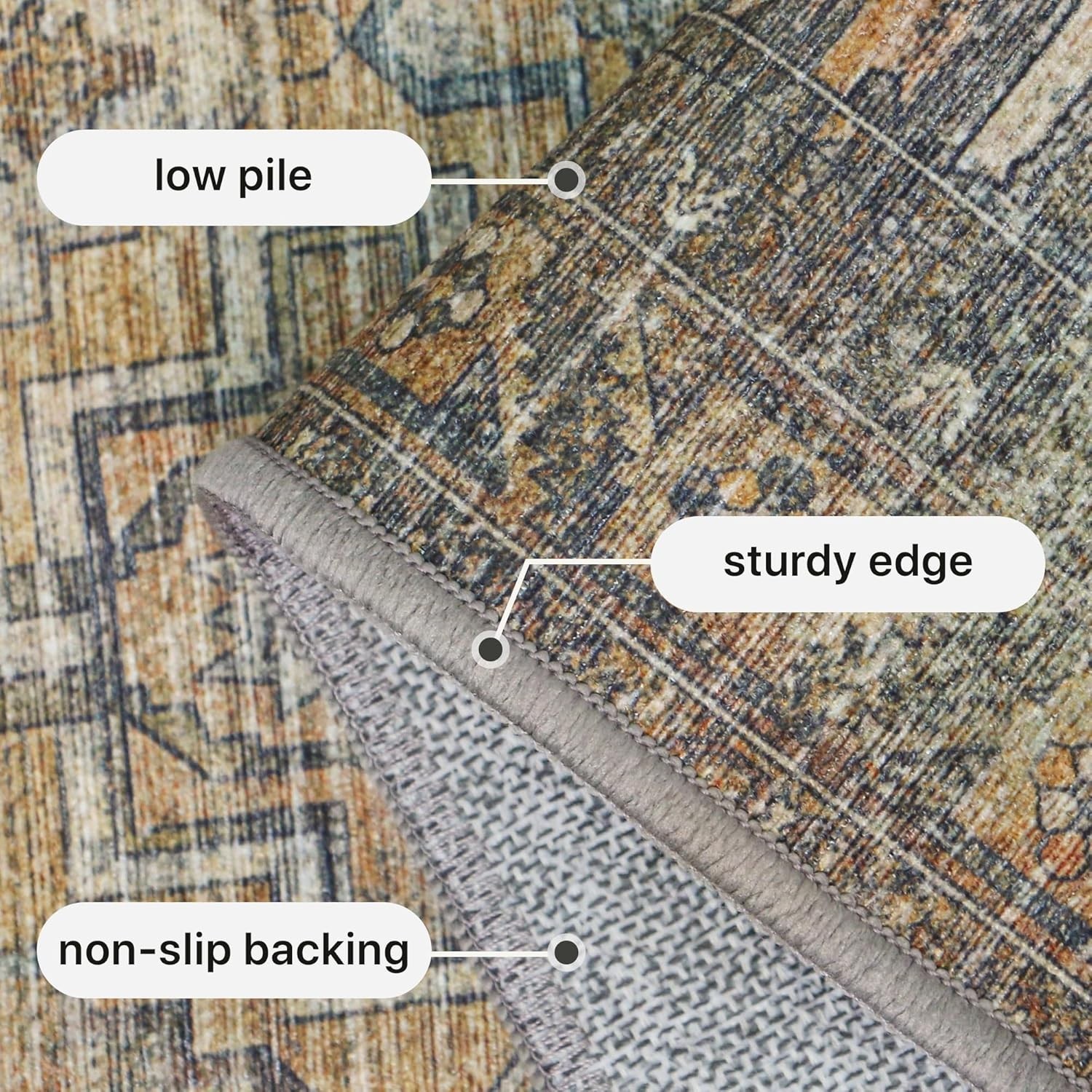 8×10 Vintage Floral Area Rug – Machine Washable Non Slip Chenille in Warm Taupe
