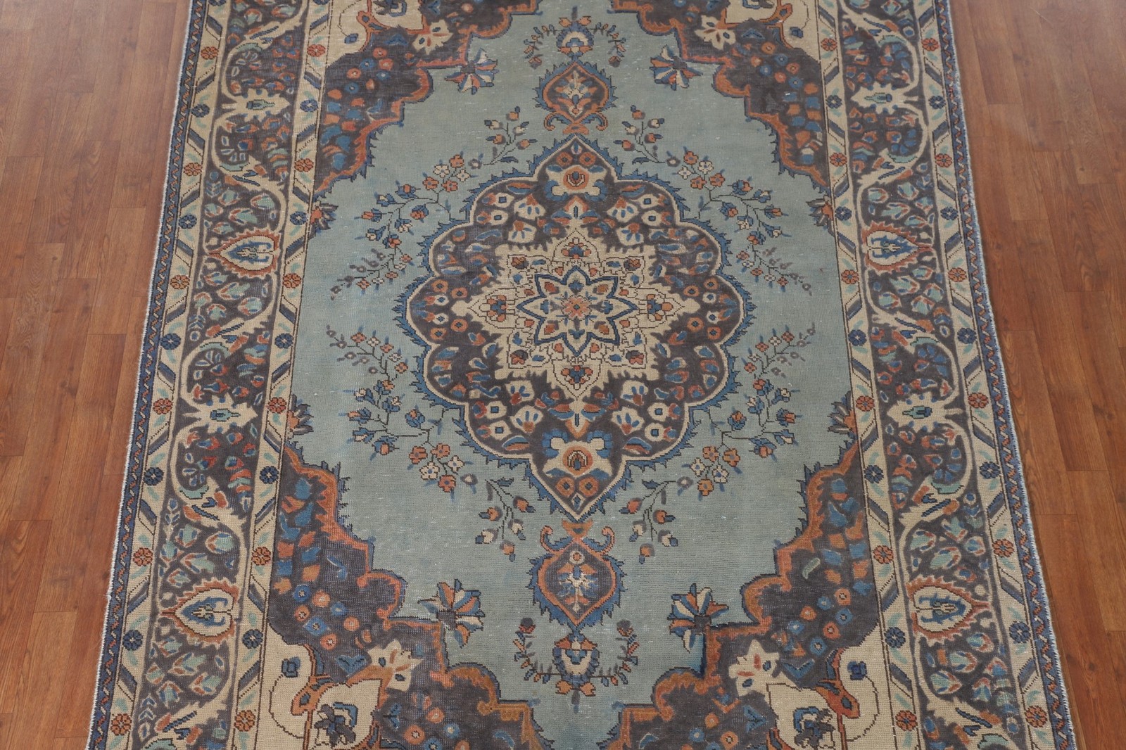 Over-Dyed Light Blue Wool Area Rug 6×9 Medallion Handmade Classic Vintage Carpet
