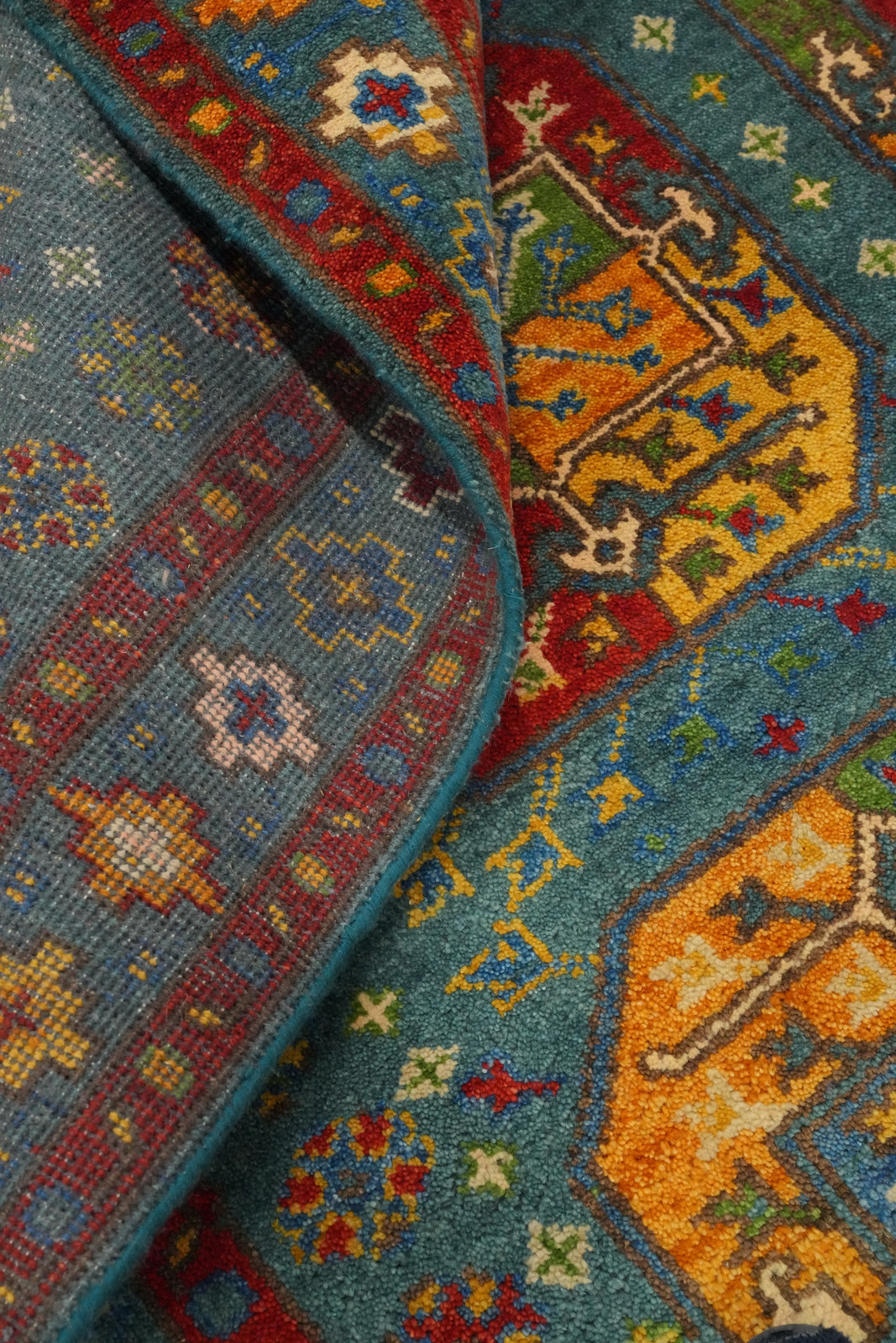Handmade Green / Teal Traditional Wool Geometric Kazak Style Area Rug 8×10 Ft