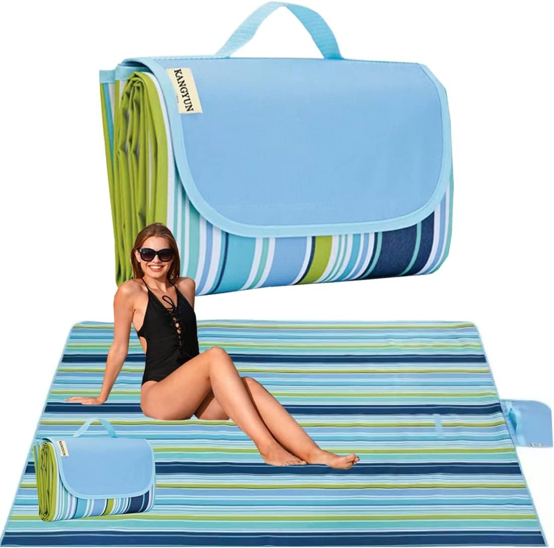 K Y KANGYUN Beach Blanket Outdoor Picnic 4’10” x 6’8″ (Oblong), Blue Line