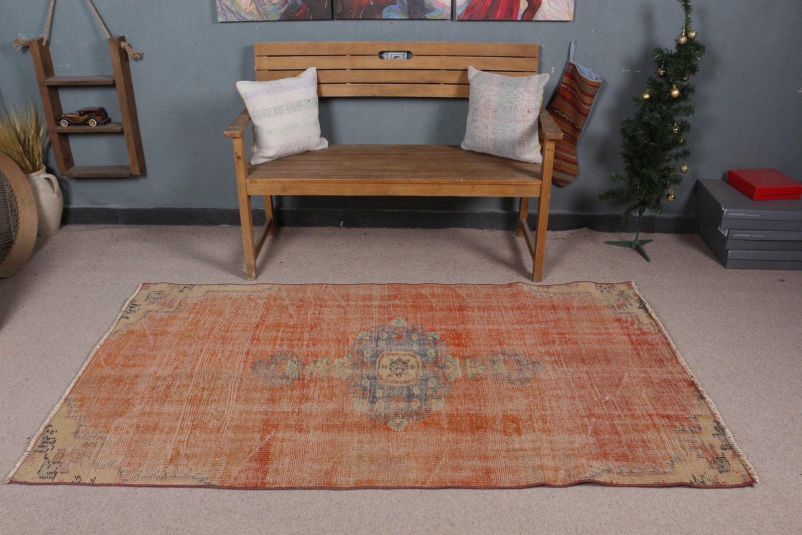 3,7×6,8 ft Turkish Rug, Orange Check Vintage Wool Rug