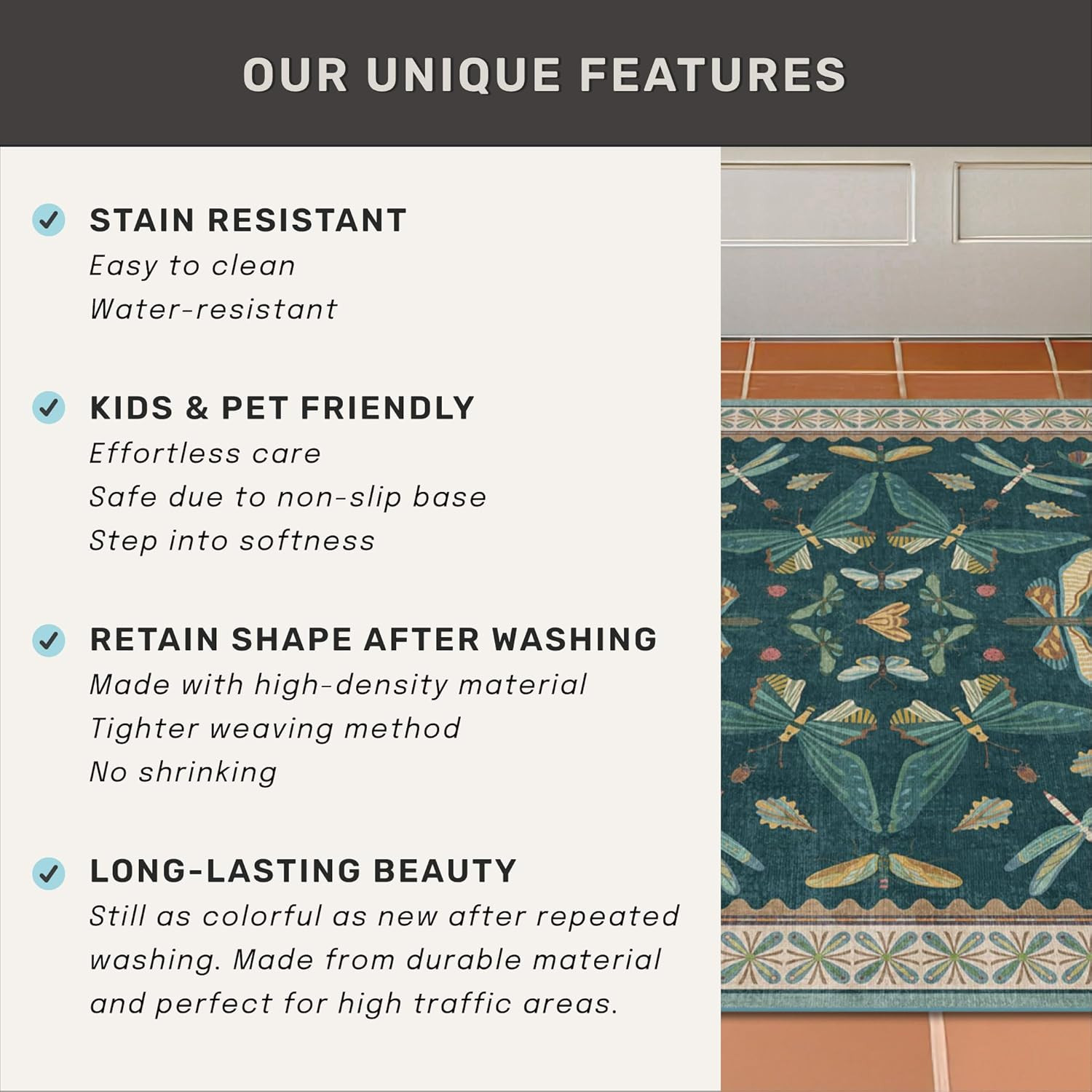 Vintage Blue & Green Area Rug 6×9 – Washable Non-Skid for Living Room