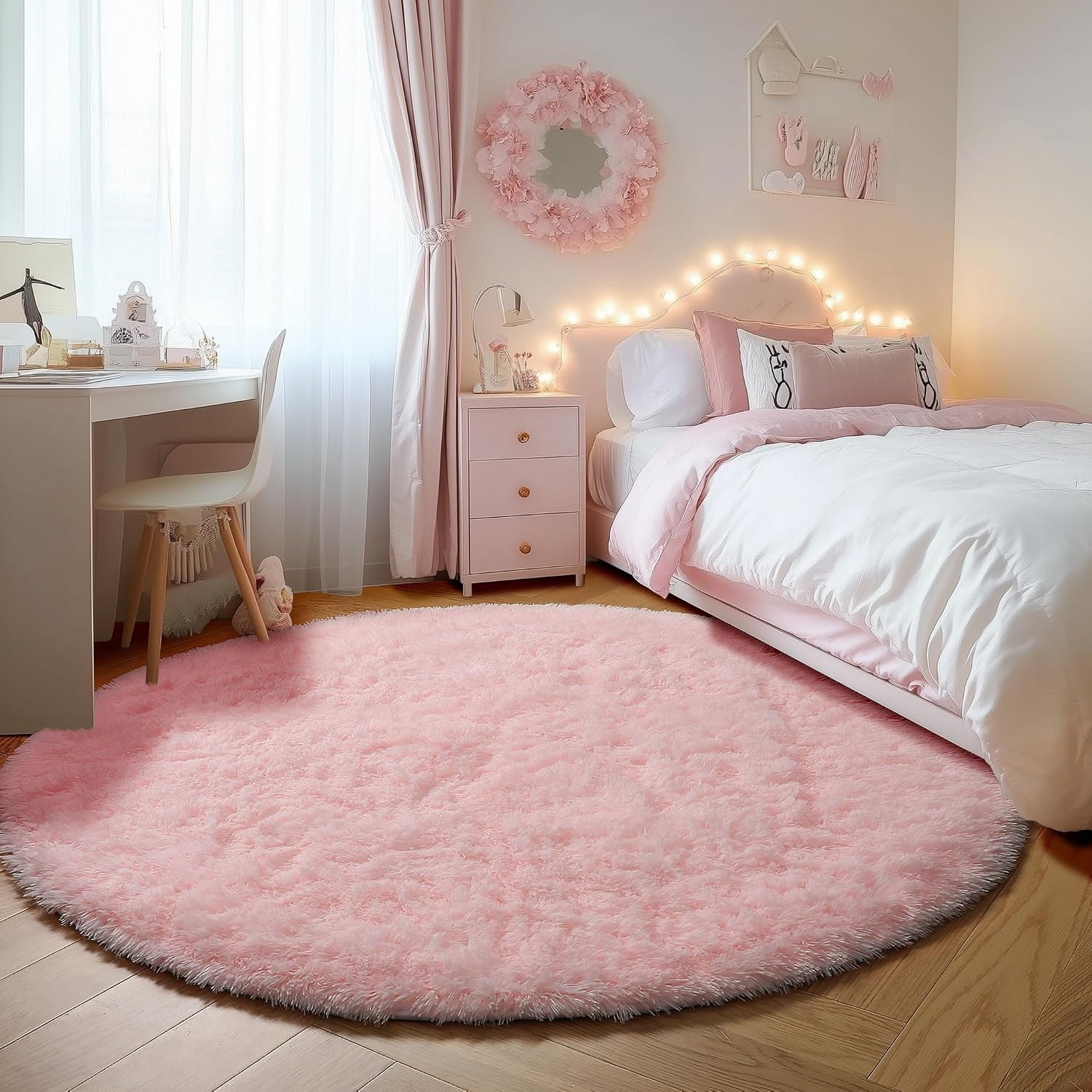 Soft Plush 4ft Round Pink Rug – Elegant Non-Slip Area Rug for Kids’ Bedrooms