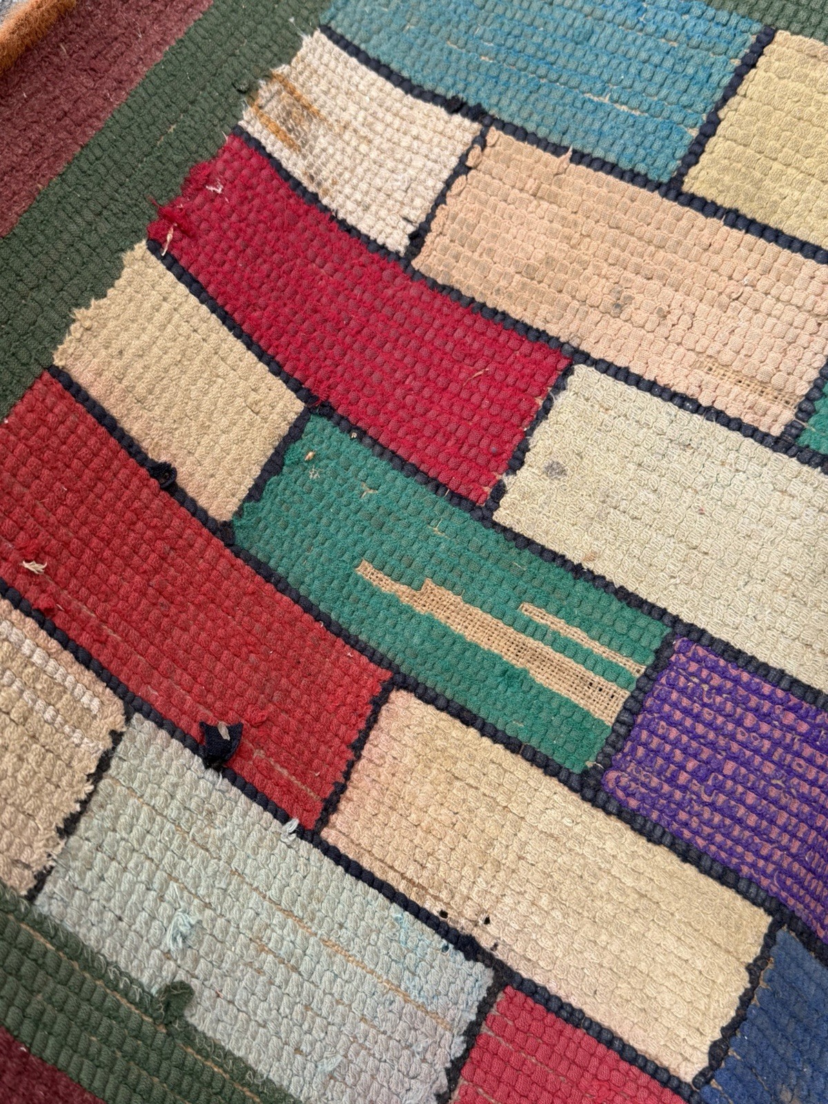 Antique American Hooked Run. Multi Color Geometric Brick Pattern.
