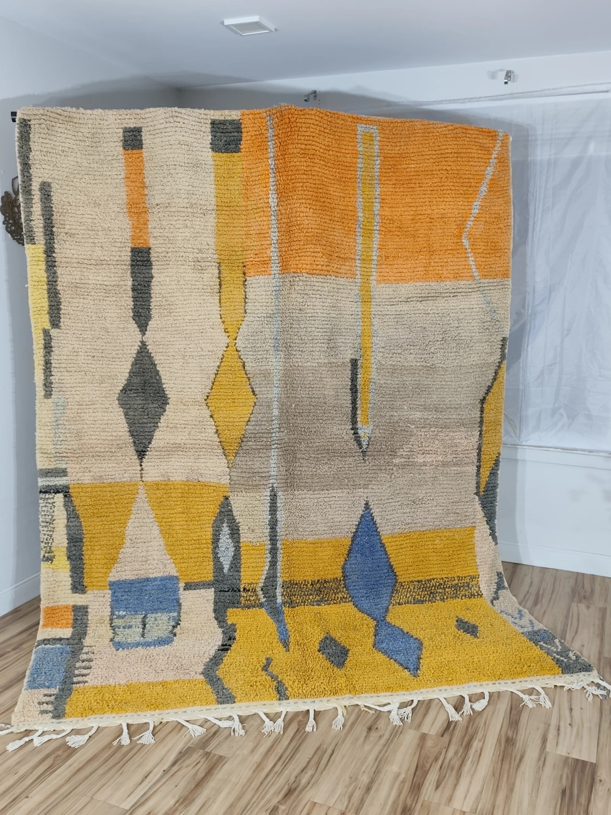 Handmade Moroccan Boujaad Rug 9’4″ x 6’11” Mustard Grey Blue Diamond Wool Rug