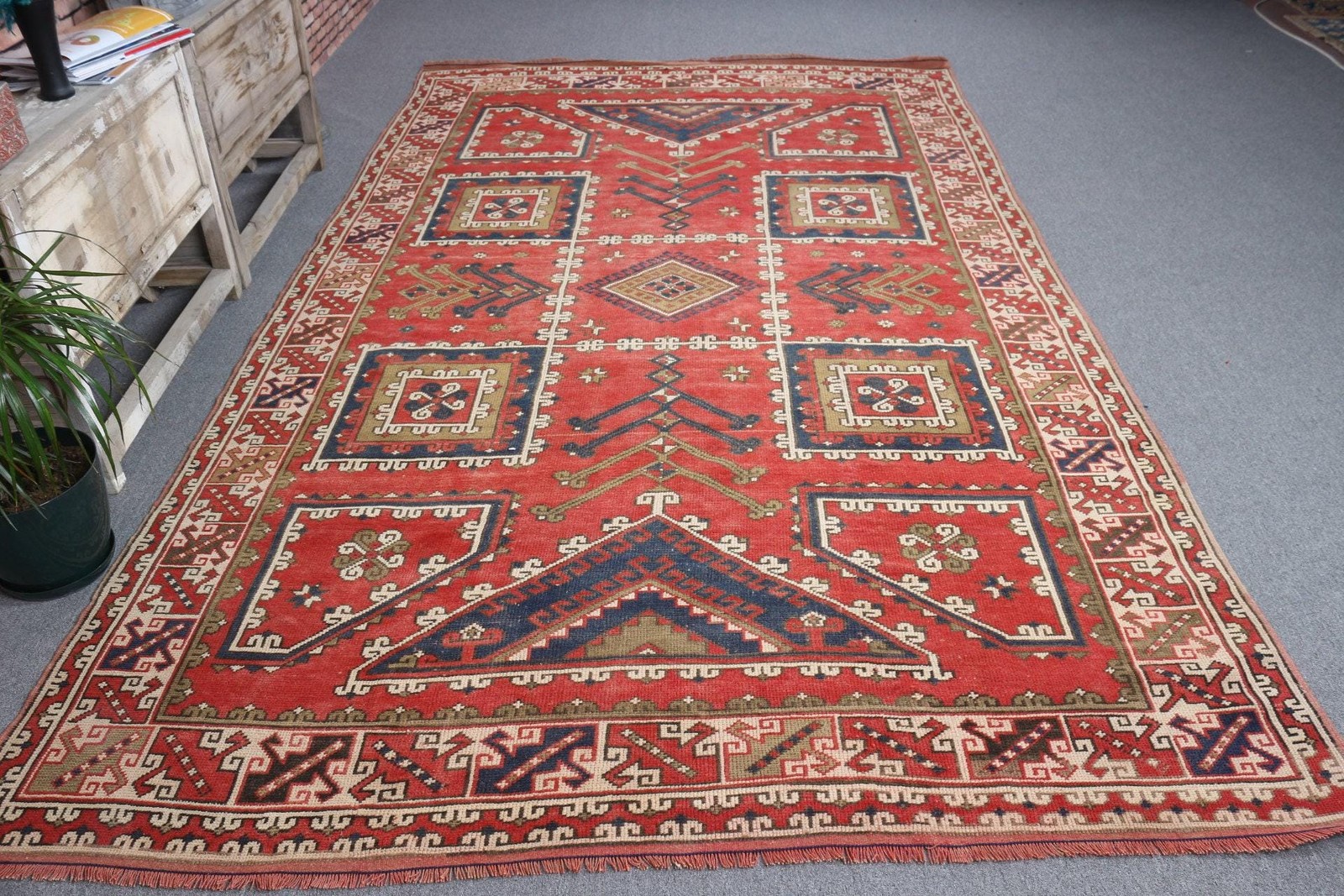 Vintage 6,5×10,7 ft Rug, Large Turkish Rug, Red Moroccan Wool Rug