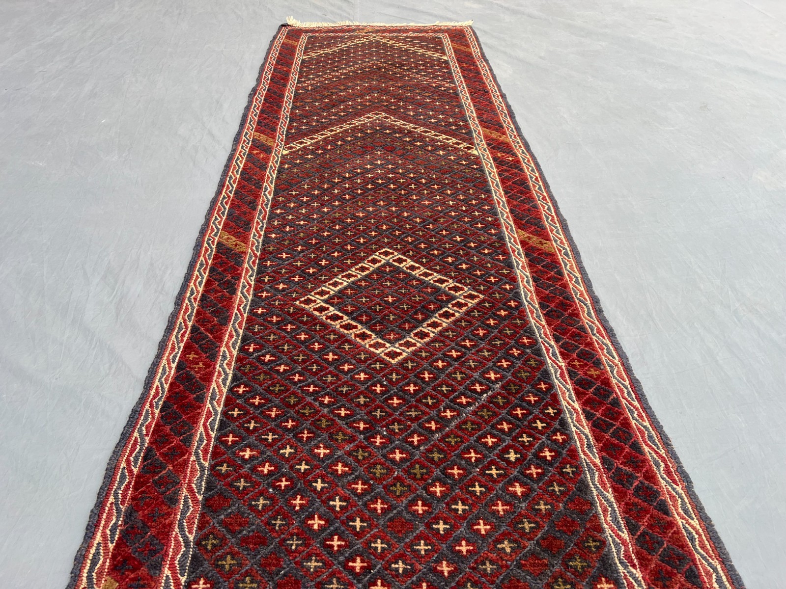 2’1 x 9’2 Ft Classic Afghan Mishwani Runner Rug – Deep Red Geometric Pattern Rug