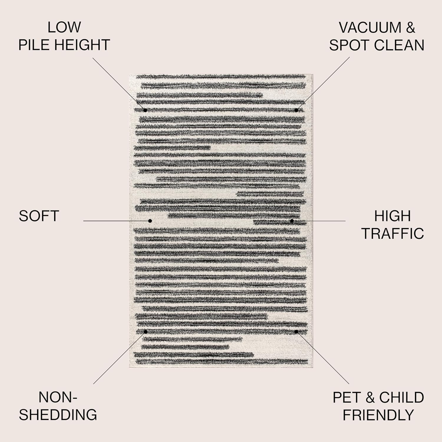 Khalil Modern Berber Stripe Cream/Black Area Rug, 10×13, Easy-Clean, Pet Friendl