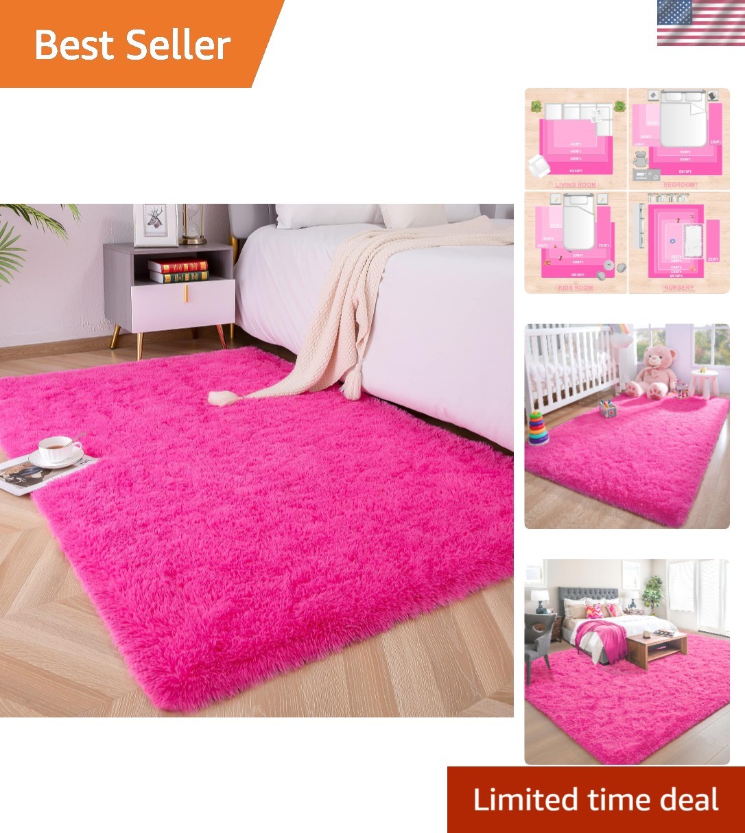 Playful Shaggy Area Rug – Hot Pink | Soft Plush for Kids’ Bedrooms, 2x3ft Size