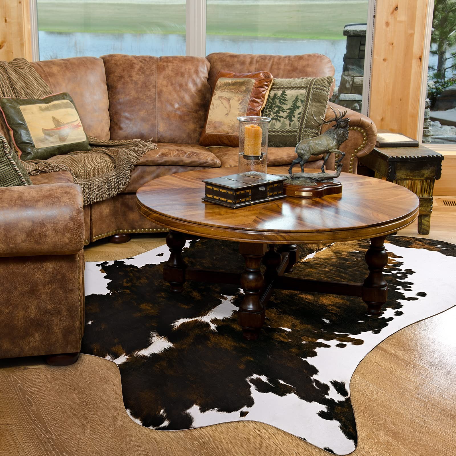 5.2×4.6 FT Brown Faux Cowhide Rug Premium Western Home Decor Cow Print Carpet