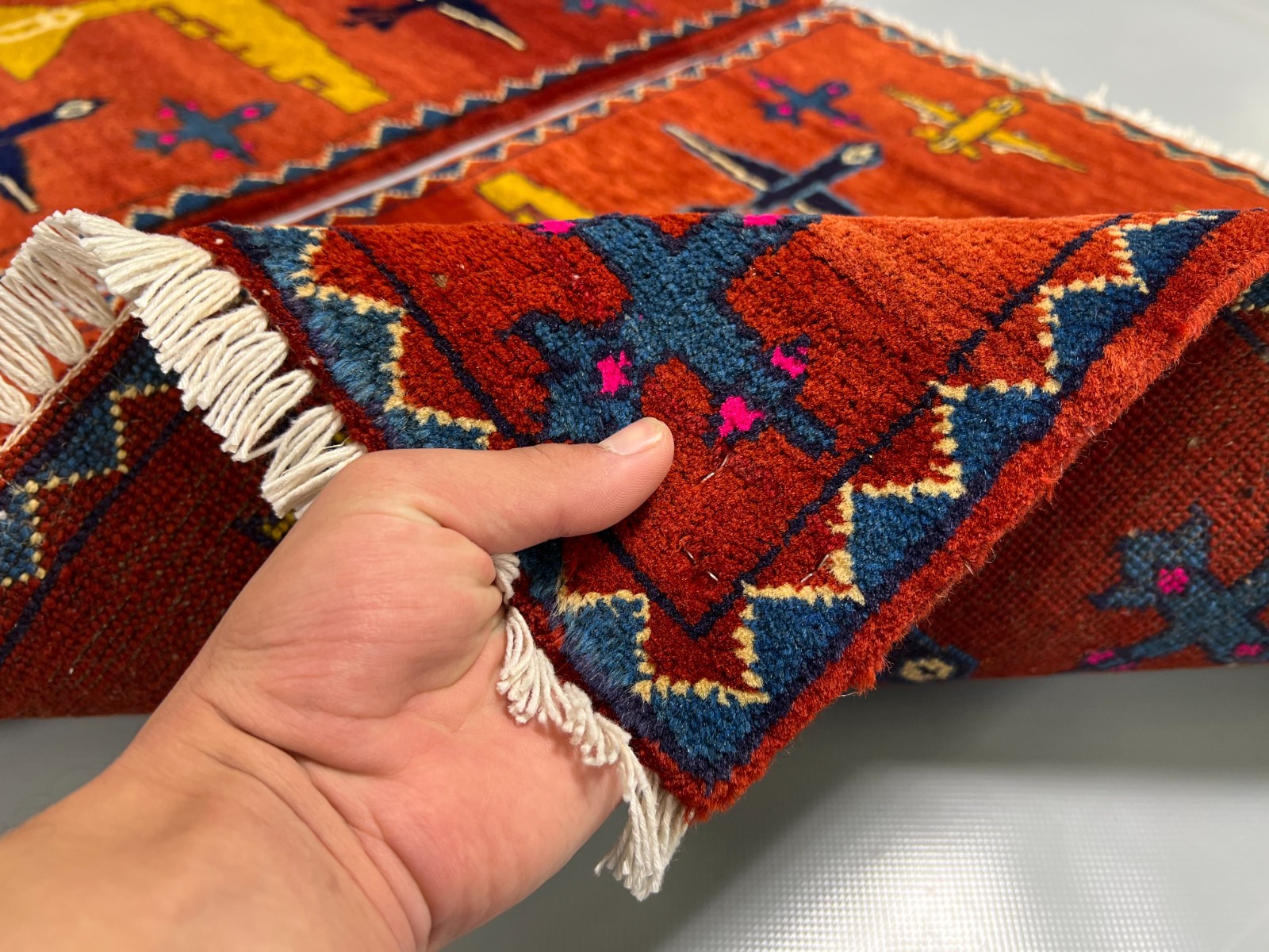Afghan War Rug Handmade Wool Rust Airplane Military Tribal Carpet