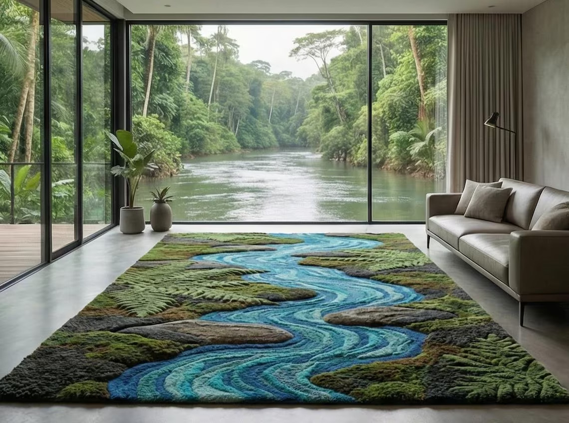 New Modern Hand-Tufted Wool Moss – 3D River Terrain, Botanical Rug Home Decor