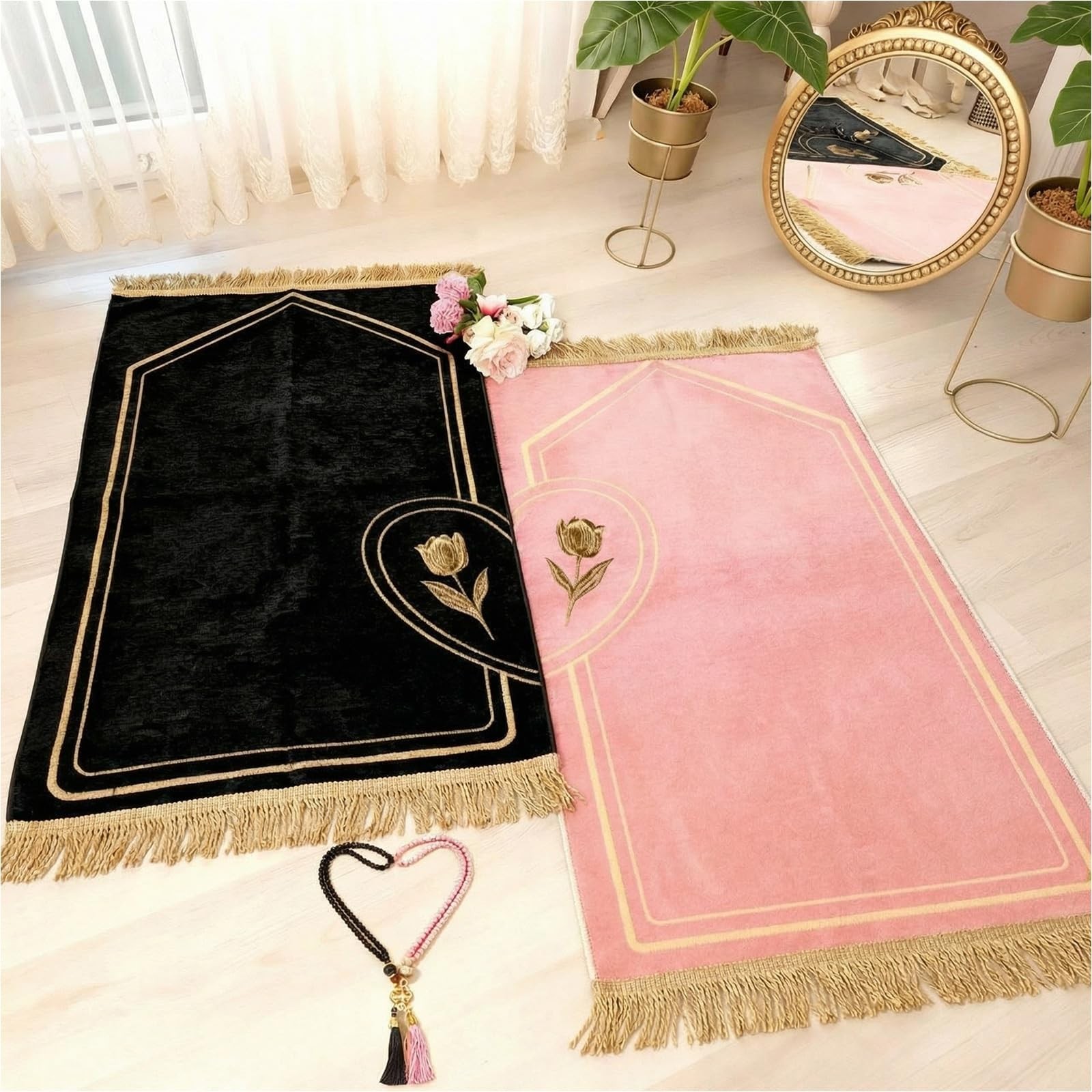 Drydiet 2 Pcs Muslim Couple Prayer Rug Set Heart Design 2 Pcs Prayer Beads
