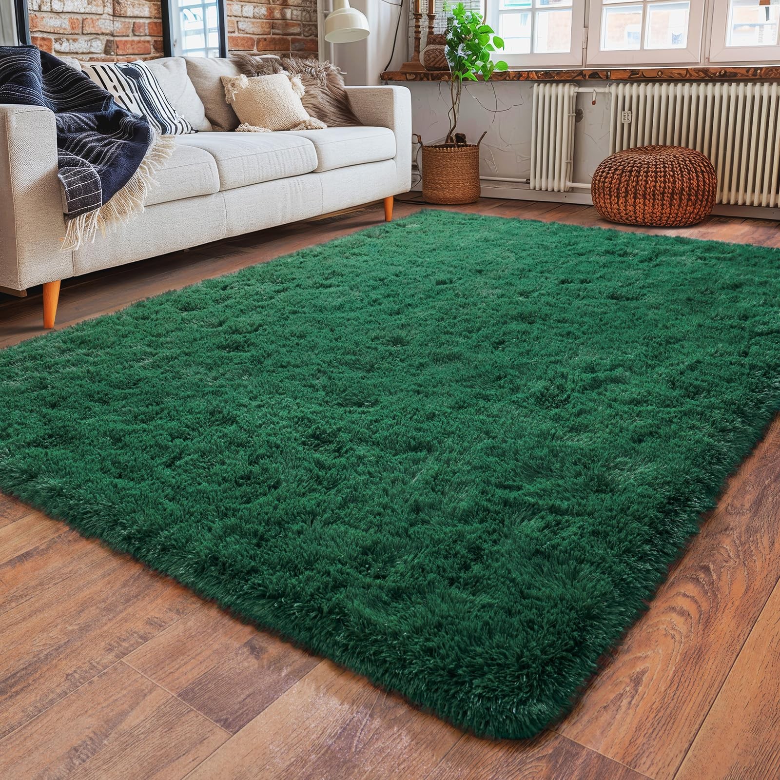 Super Soft Area Rugs for Living Room, 4×6 Feet Modern Shag Dark Green Rug Fluffy