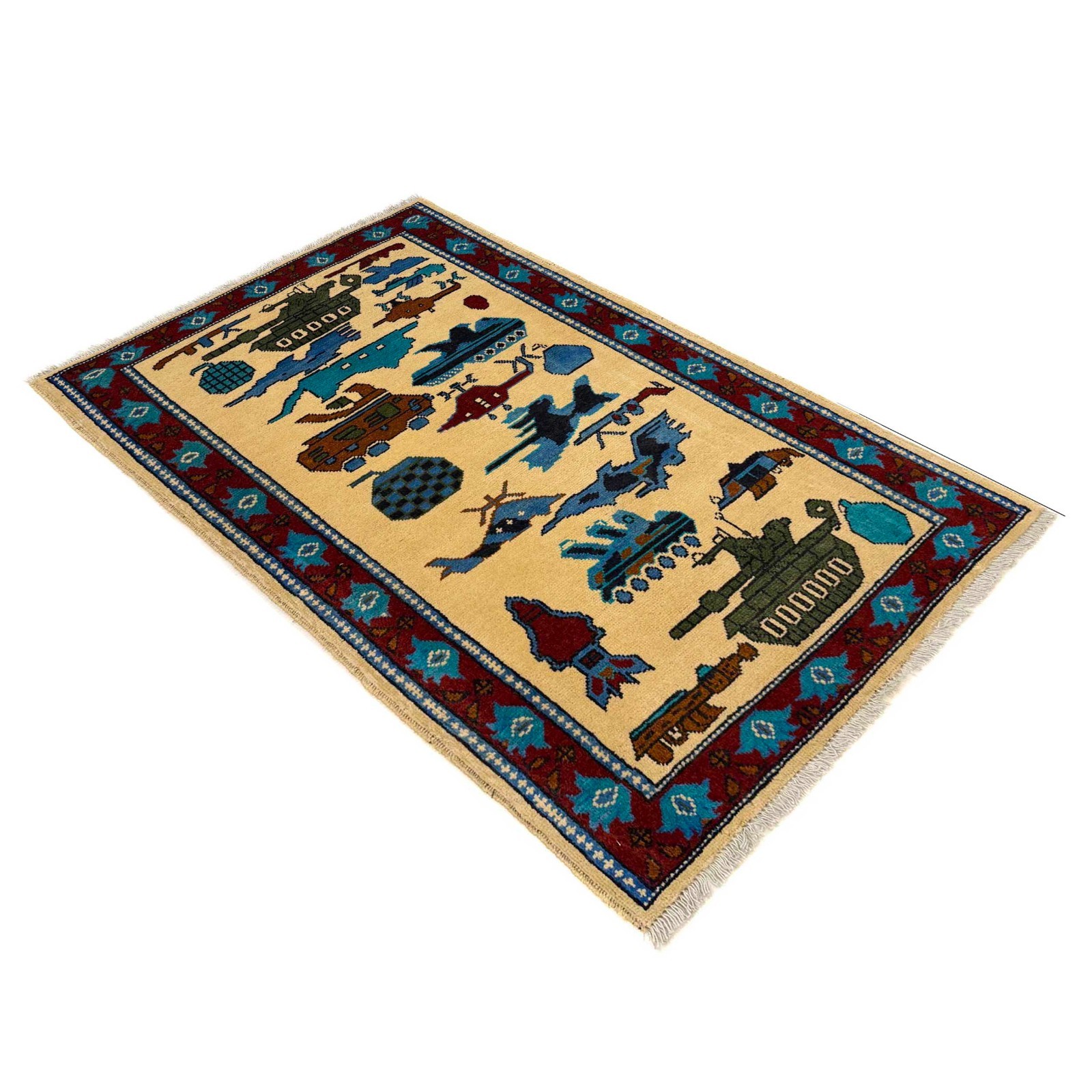 Tribal Hand Made Afghan WAR Design Pictorial Rug 2’9×4’4 Ft Beige Carpet -G36550