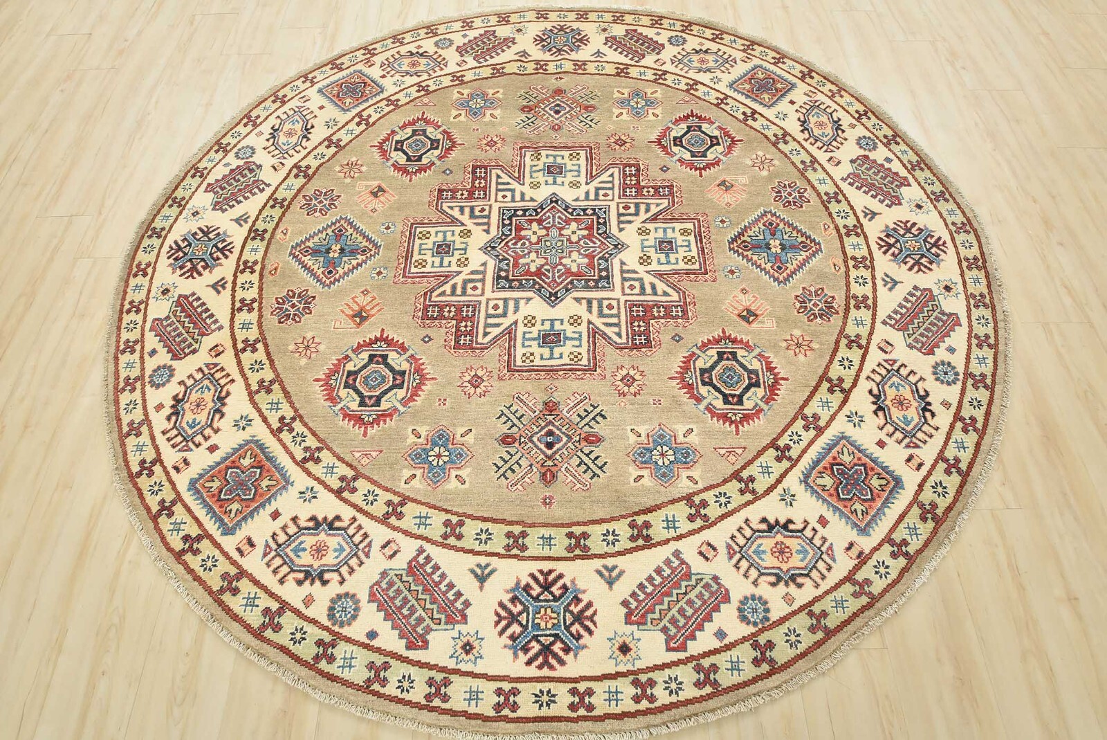 Kazak Rug 7’11” x 7’10” Round Brown Wool Tribal Hand-Knotted Oriental Carpet
