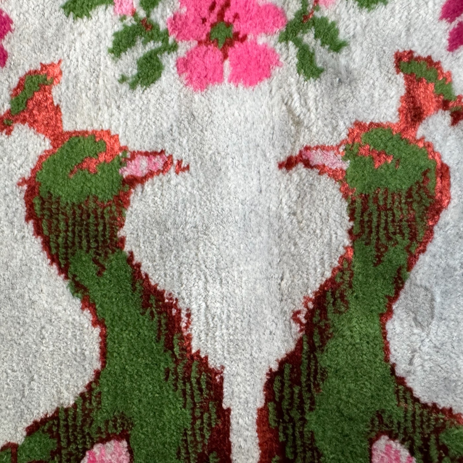 Vintage Silk Shimmer Wall Rug Twin Peacocks Floral Motif Boho Fringe Tapestry